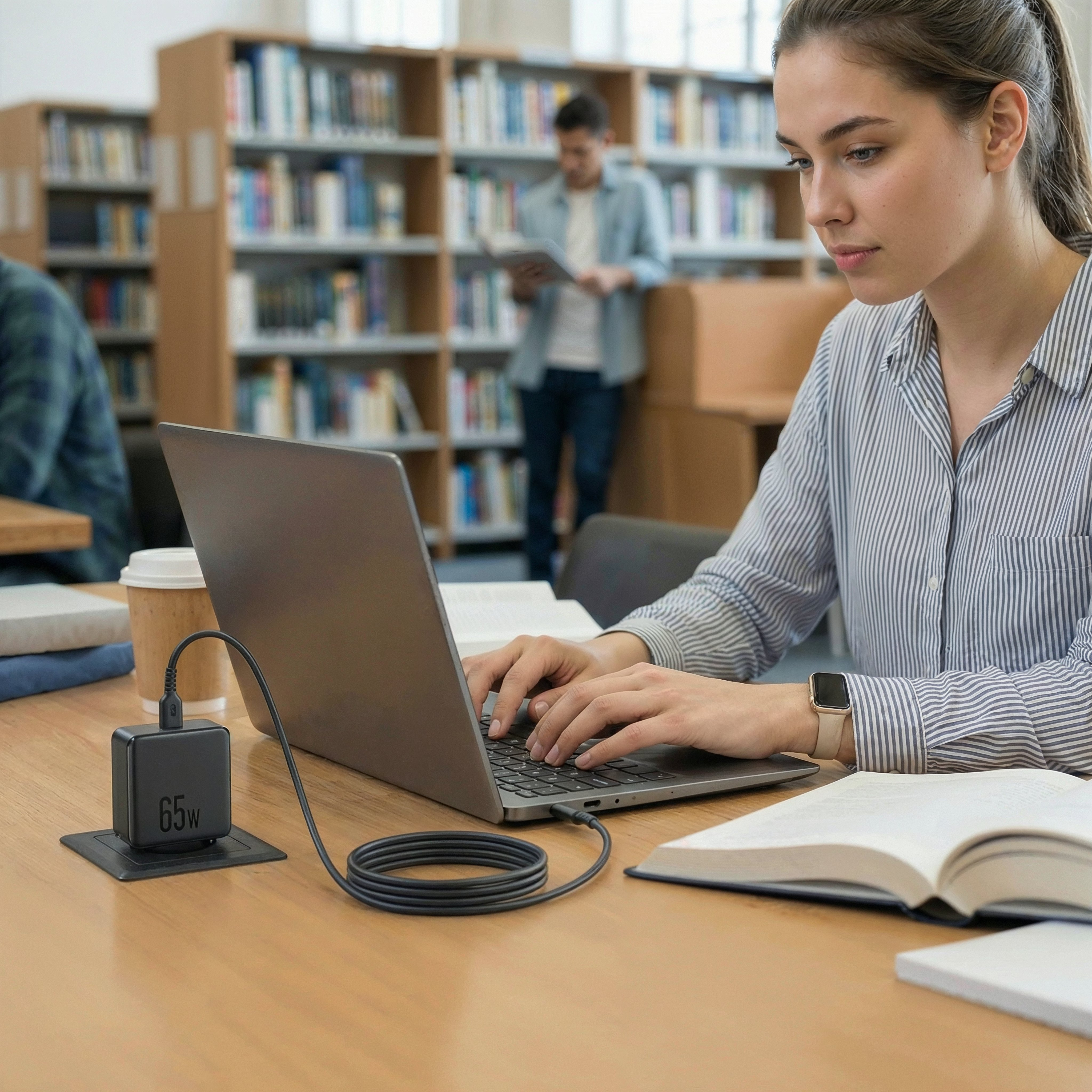 Donna digita su laptop, caricabatterie vicino, librerie sullo sfondo.