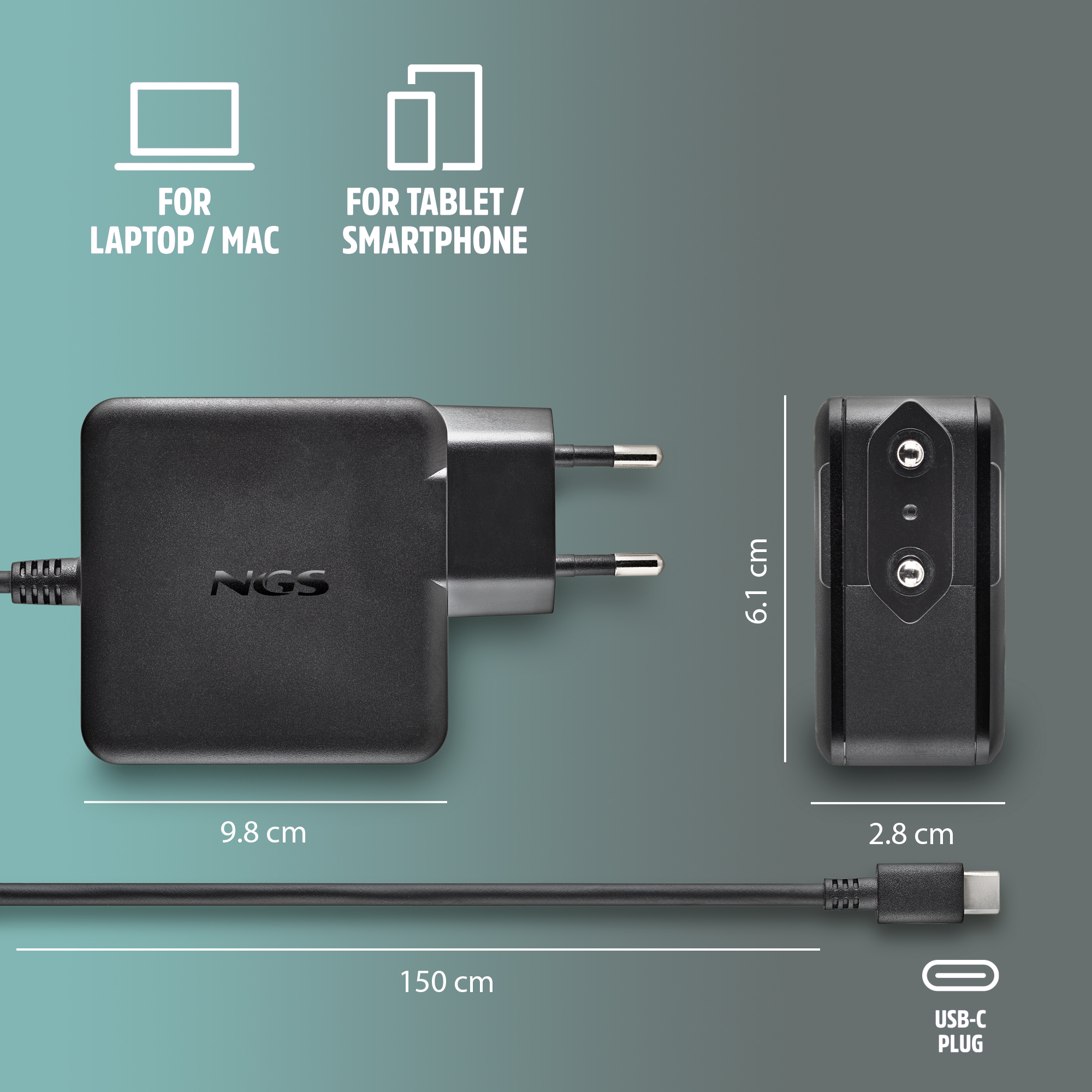 Alimentatore nero con cavo USB-C. Dimensioni: 9,8x6,1x2,8 cm, cavo 150 cm.