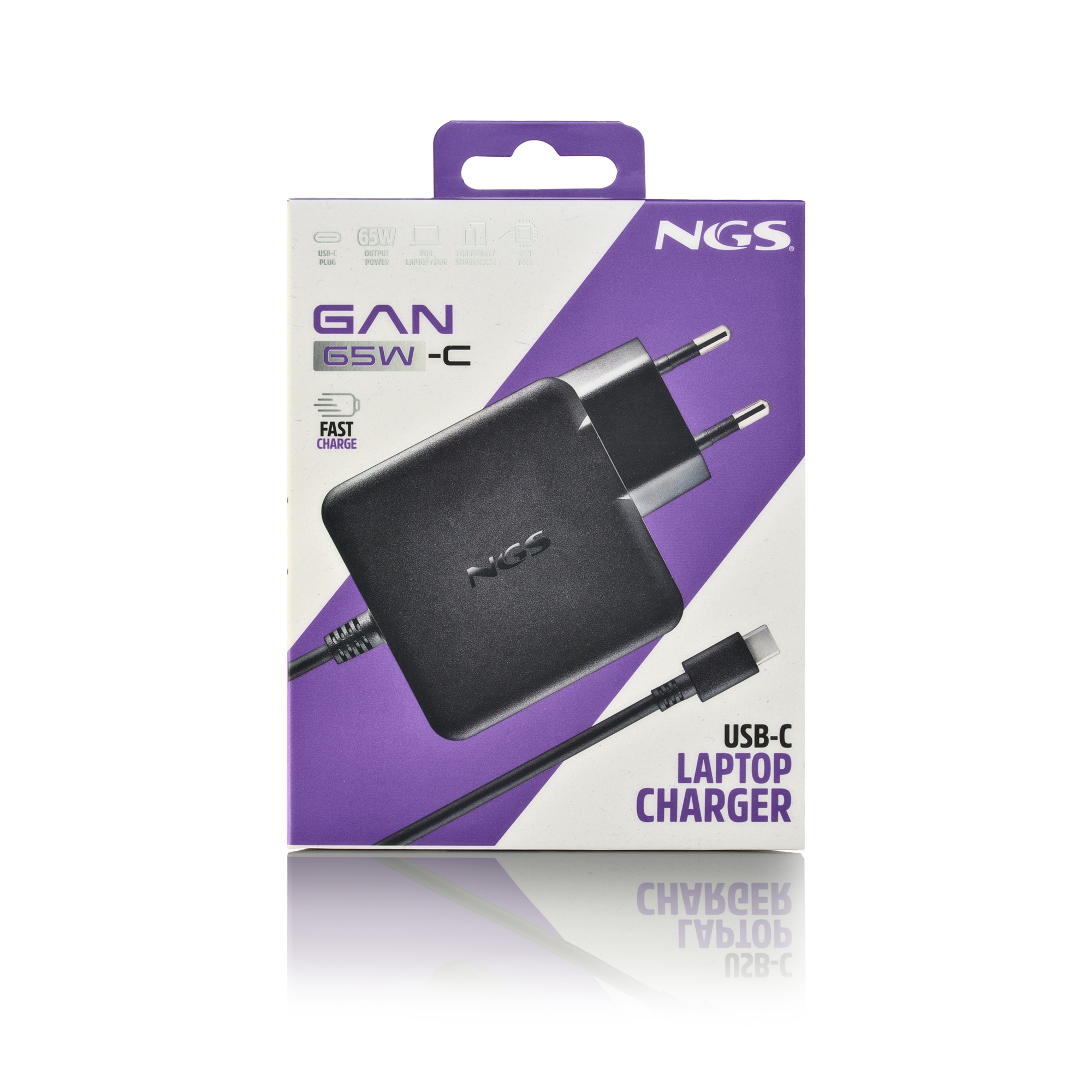 Cargador NGS USB-C para portátil negro de 65W, carga rápida.