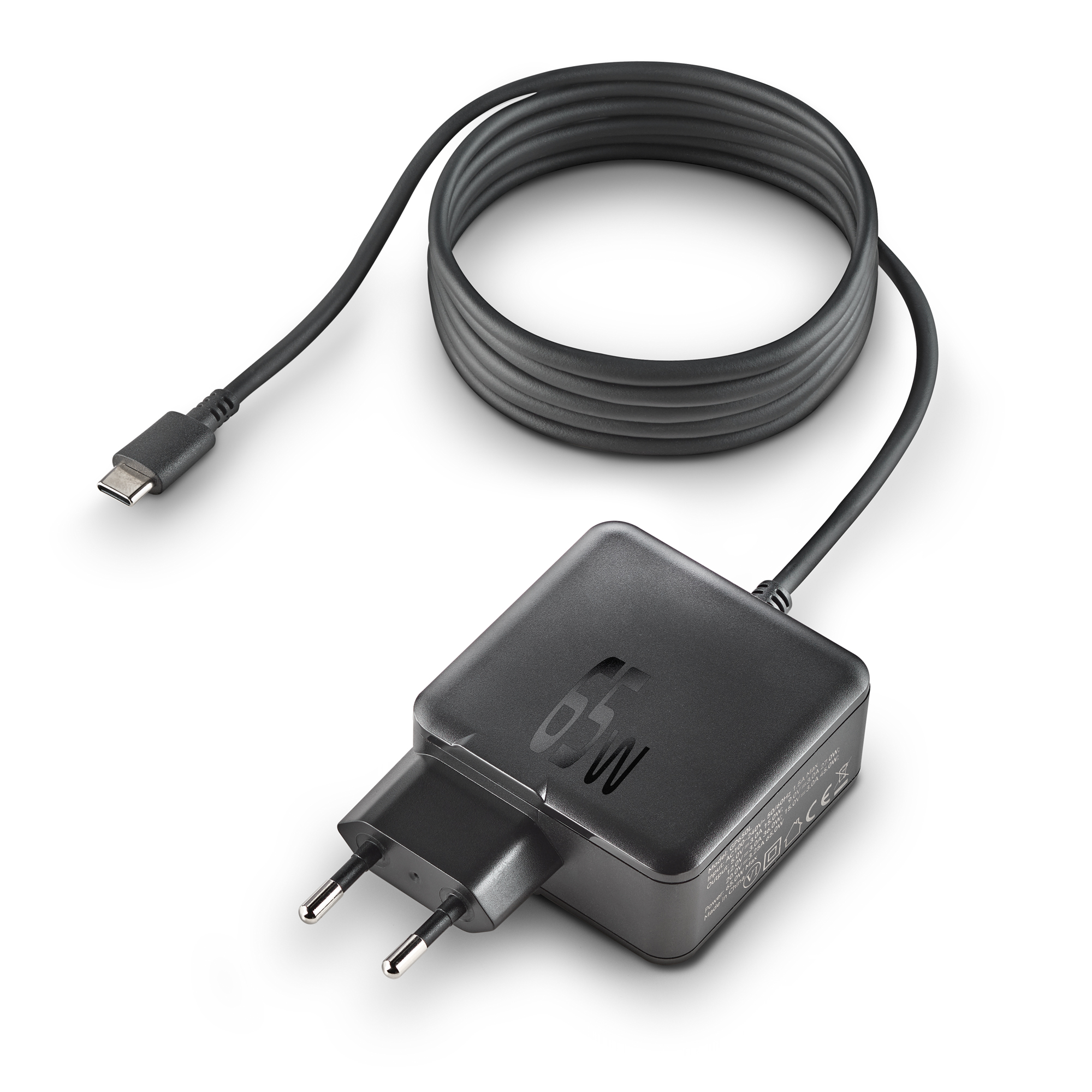 Alimentatore USB-C nero da 65W con cavo e spina europea, su sfondo bianco.