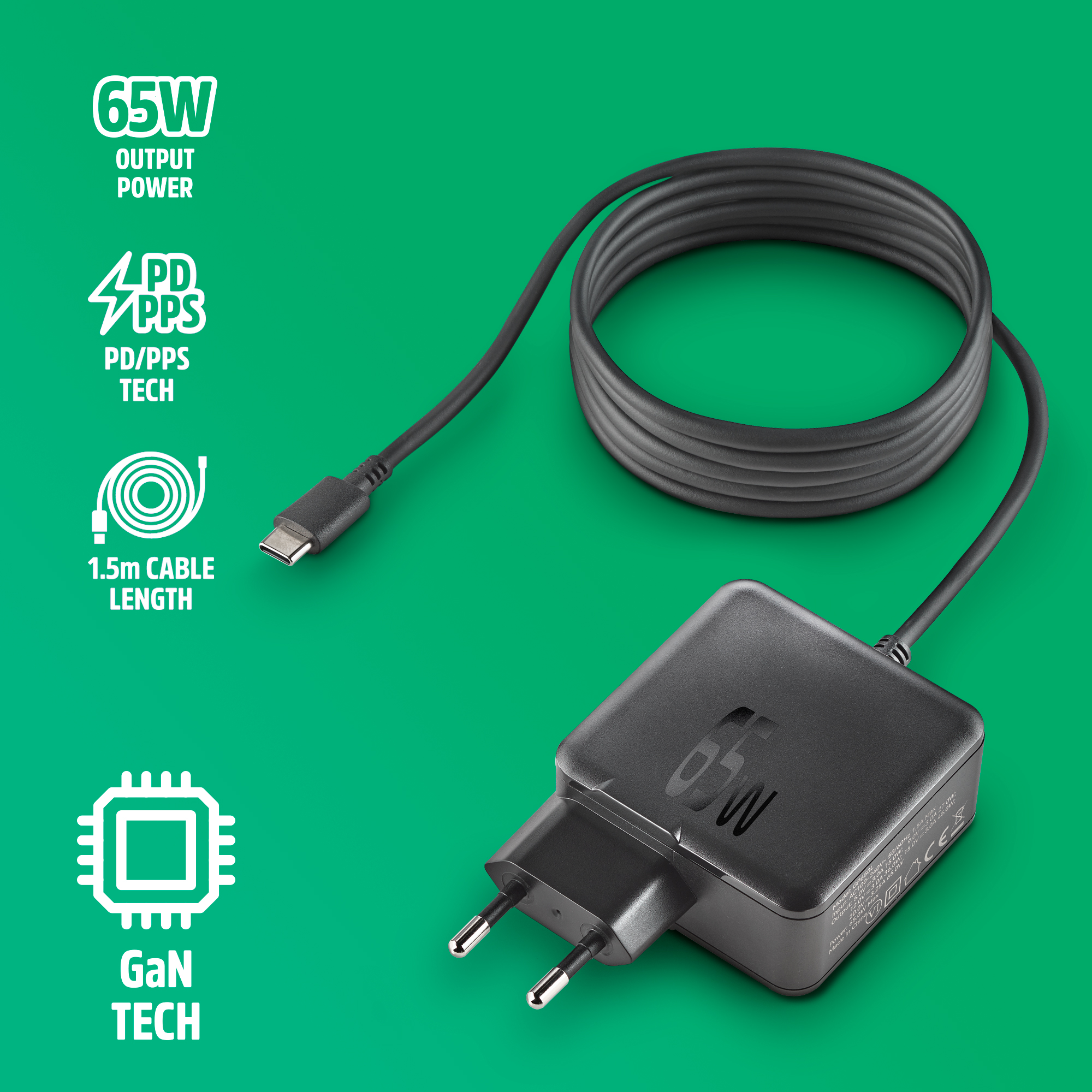 Caricatore USB-C nero da 65W con cavo, tecnologia PD/PPS e GaN.