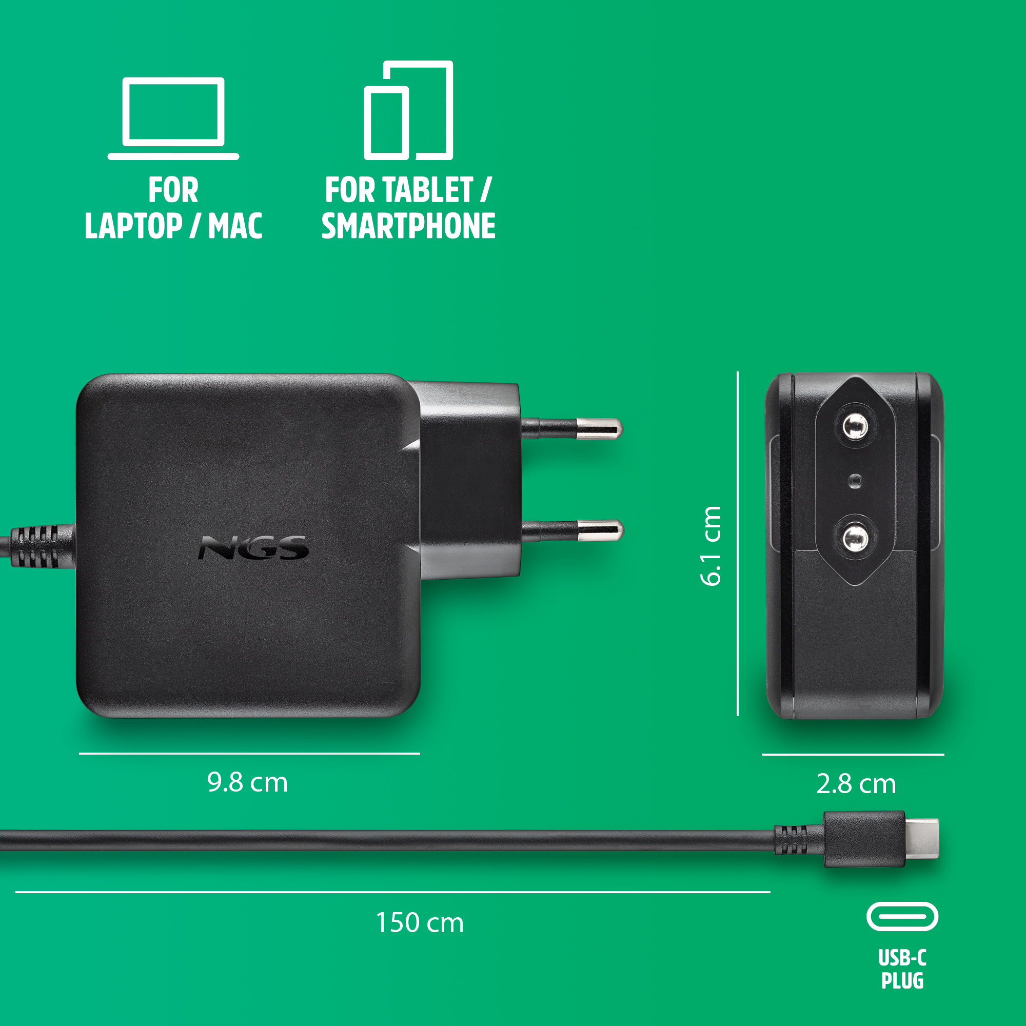 Adattatore di alimentazione nero con cavo USB-C. Dimensioni: 9,8x6,1x2,8cm. Lunghezza cavo 150cm.