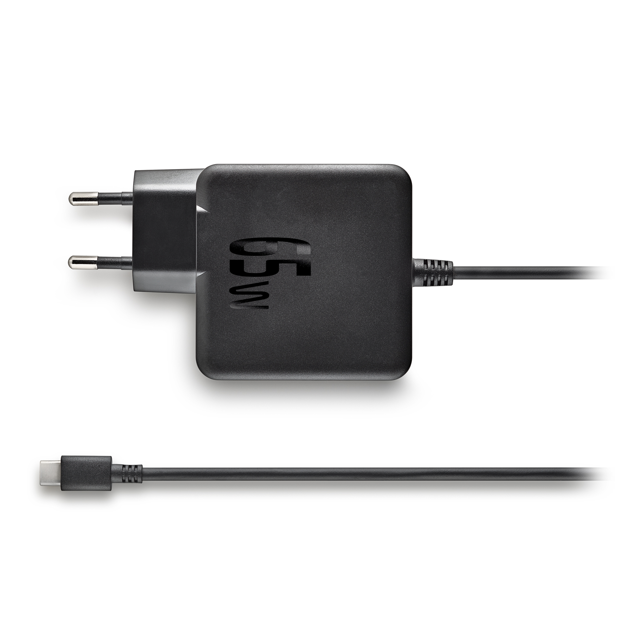 Un caricabatterie nero da 65W con cavo USB-C su sfondo bianco.