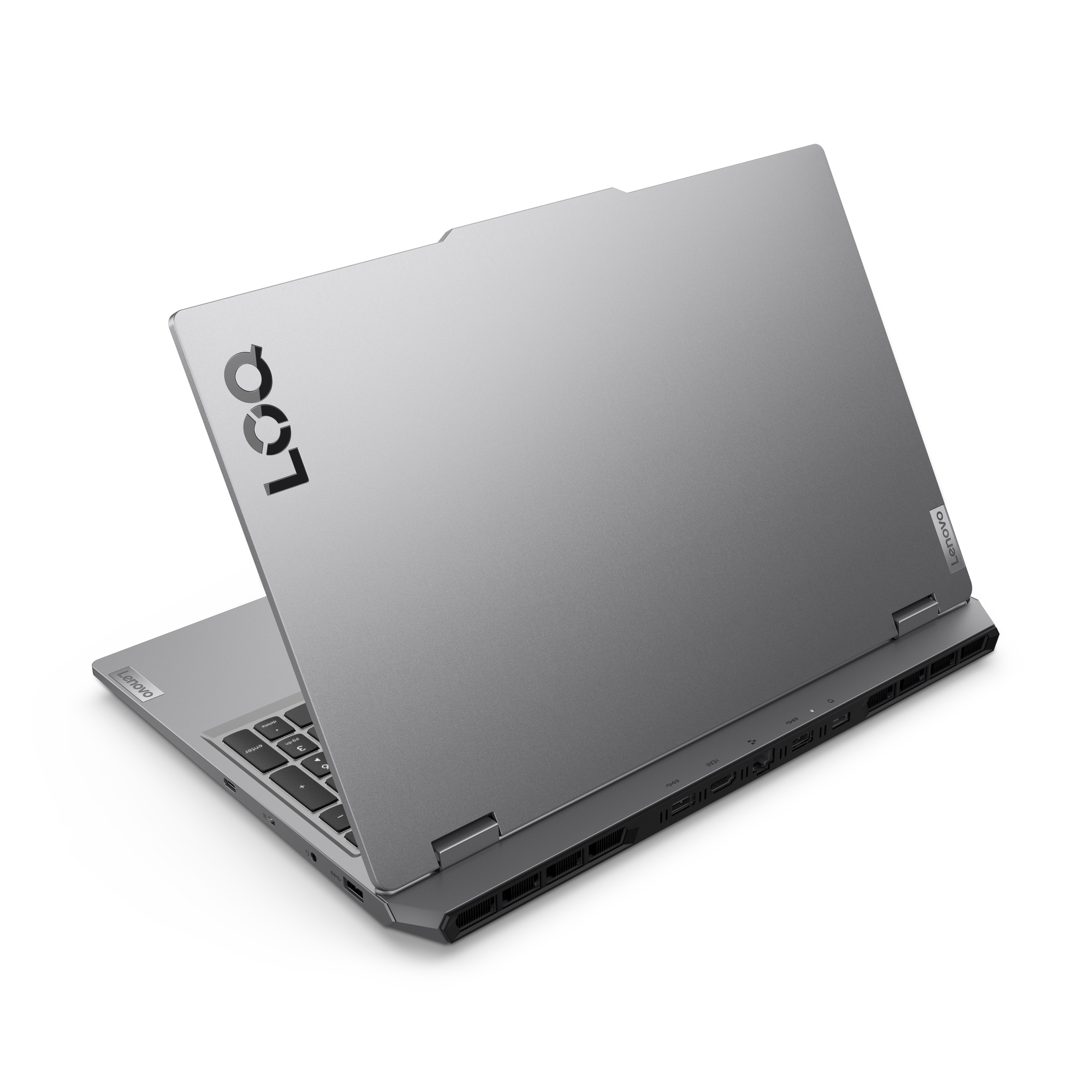 Un laptop argentato con il coperchio aperto, che mostra il logo sulla scocca superiore.
