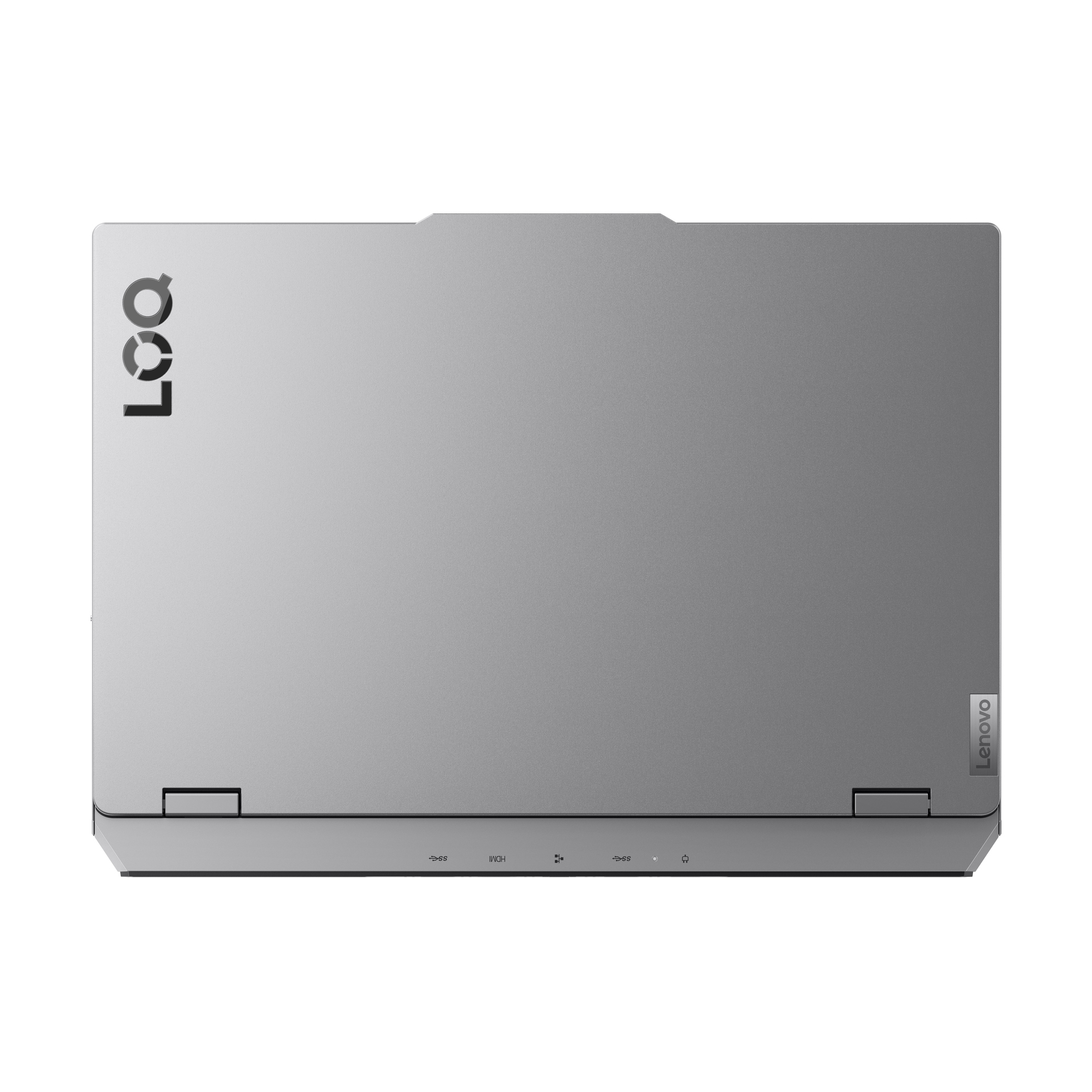 Laptop argentato chiuso con logo LOQ a sinistra e logo Lenovo a destra.