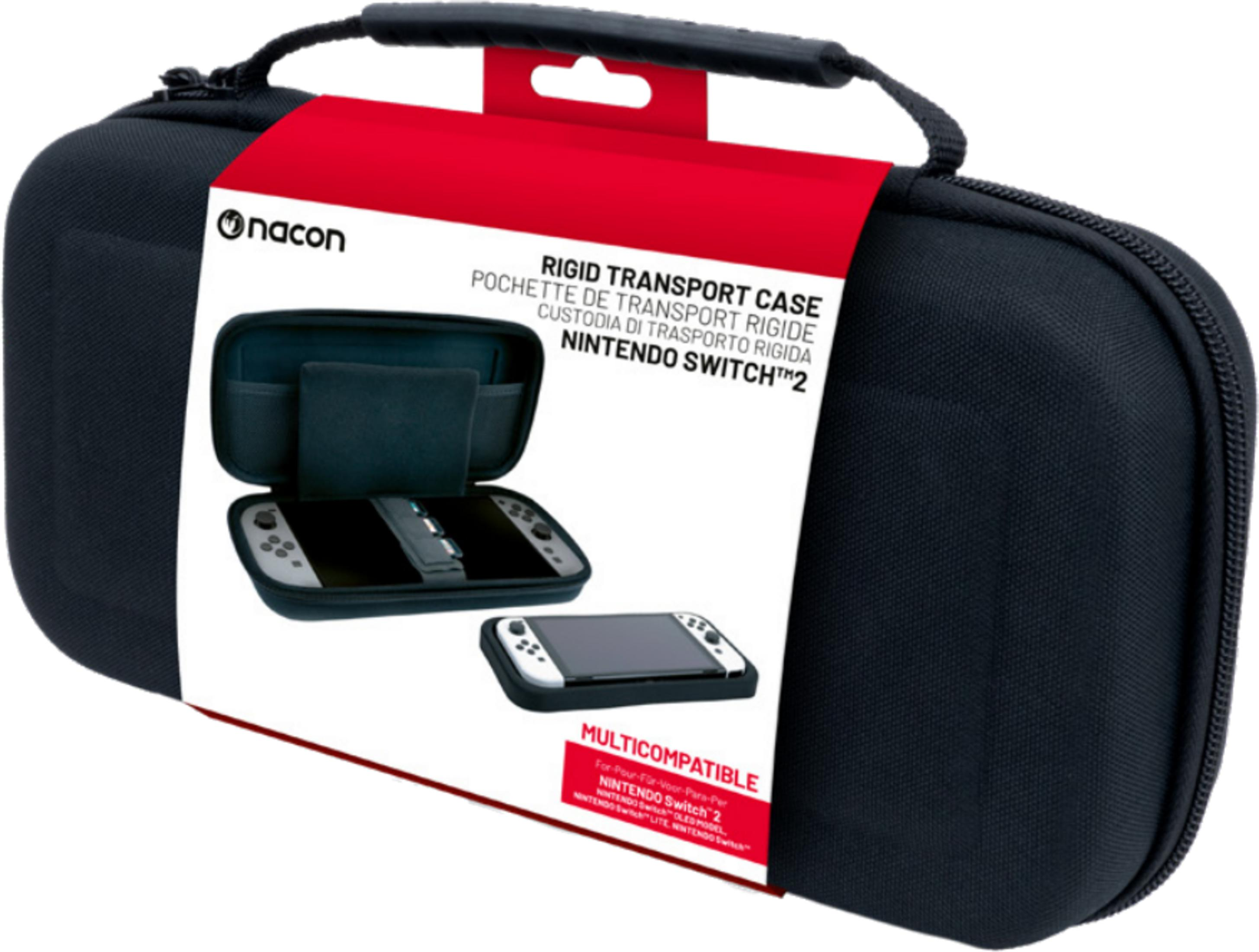 Czarna torba Nacon do Nintendo Switch z otwartą komorą i konsolą.