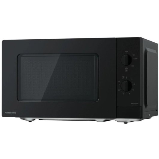 Un microonde Panasonic nero con manopole di controllo e finestra.
