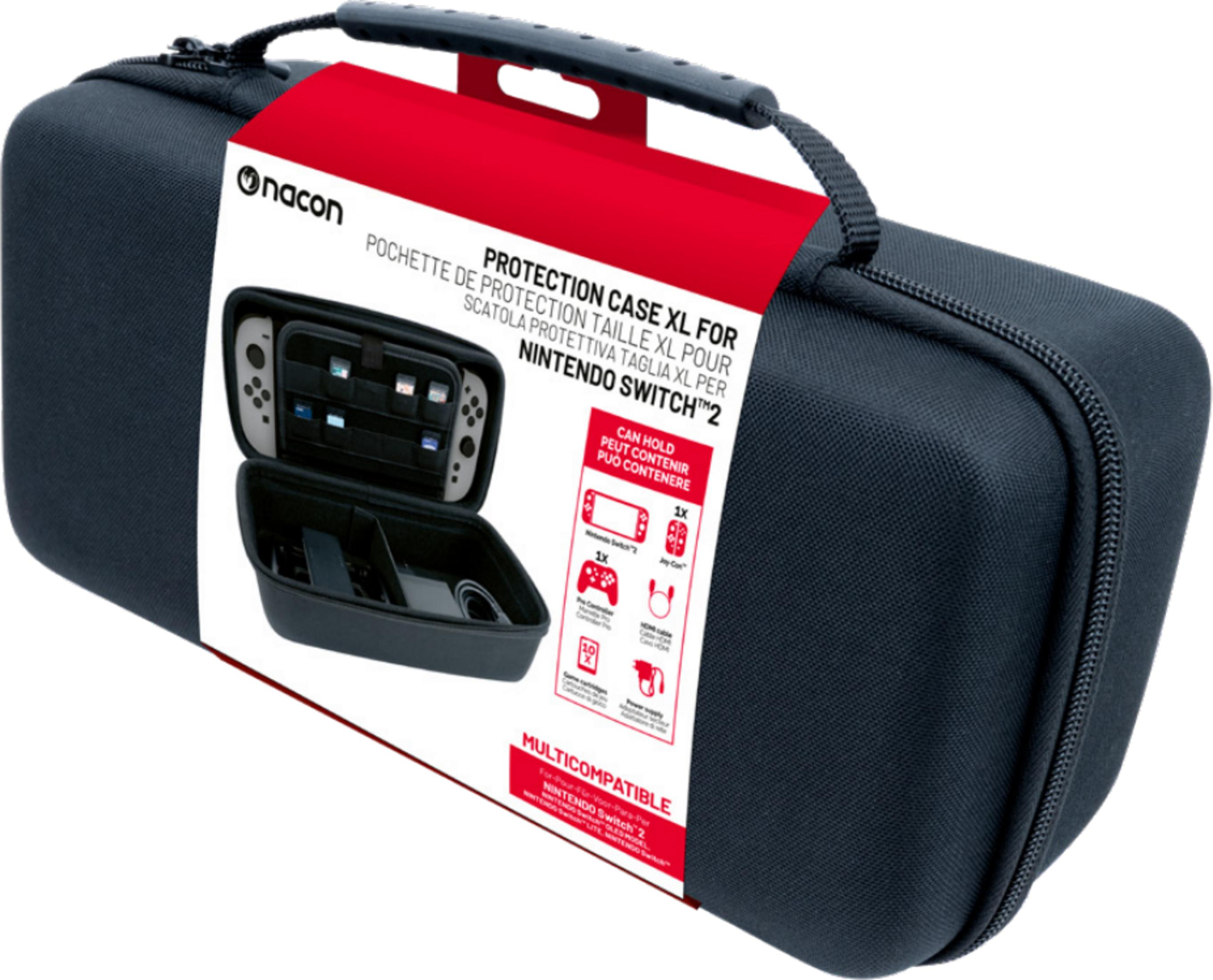 Funda protectora Nacon Nintendo Switch XL gris oscuro con asa y cremallera.