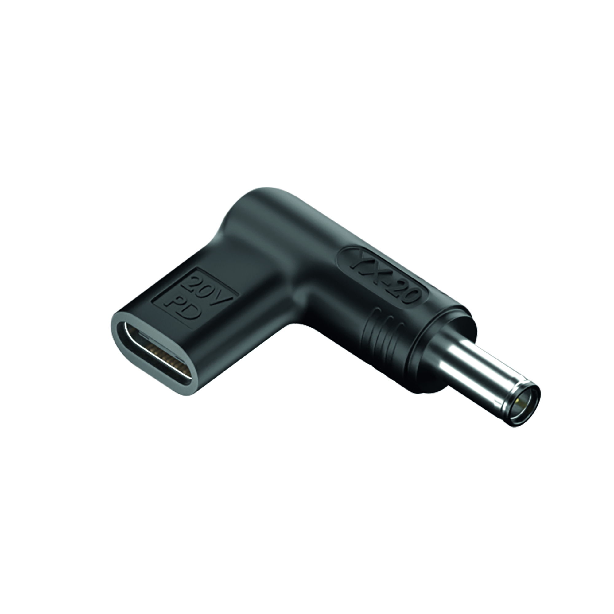 Adattatore nero con porta USB-C e marcatura 20V PD.