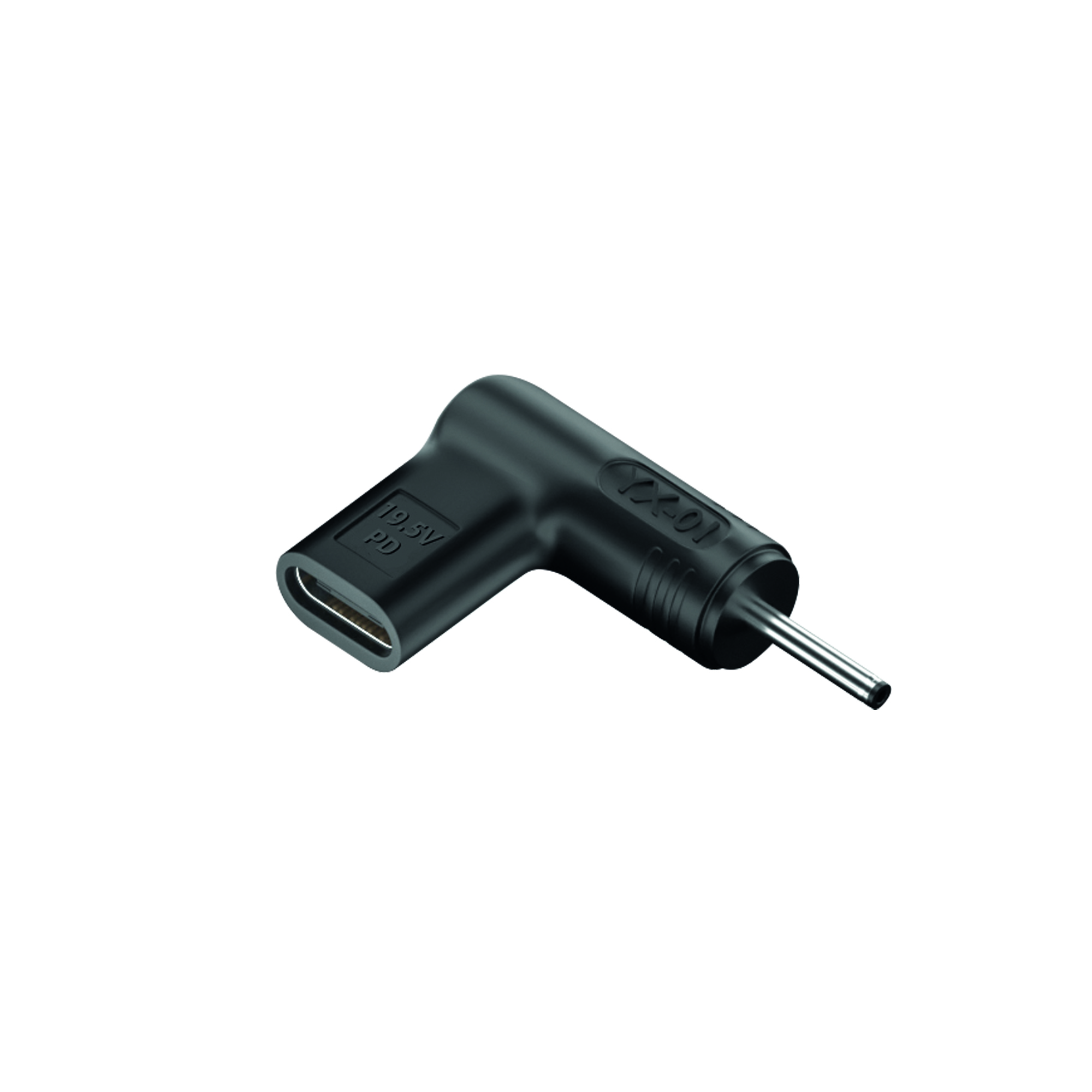 Un adattatore USB-C nero con 19,5V PD e un connettore maschio rotondo.