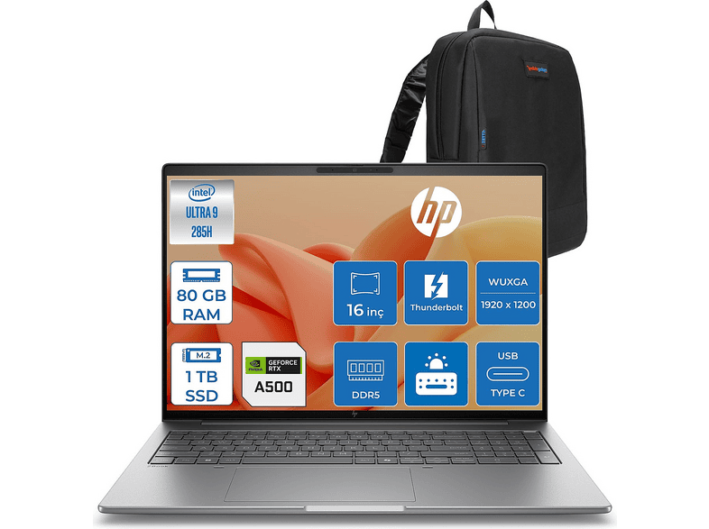 HP ZBook 8 G1I 4GB RTX500ADA B30HJESF39 Intel Core Ultra 9 285H 80 GB RAM 512 GB SSD 16 inç FreeDOS Laptop+Çanta Gri