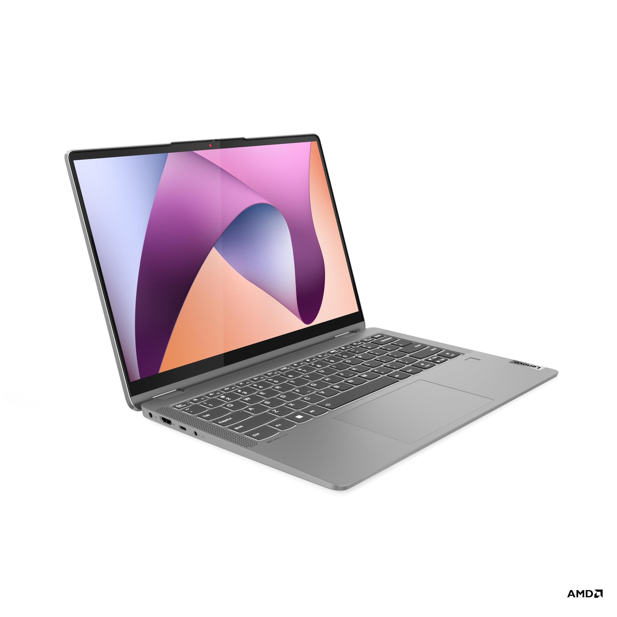 Laptop grigio con schermo aperto, che mostra uno sfondo astratto colorato.