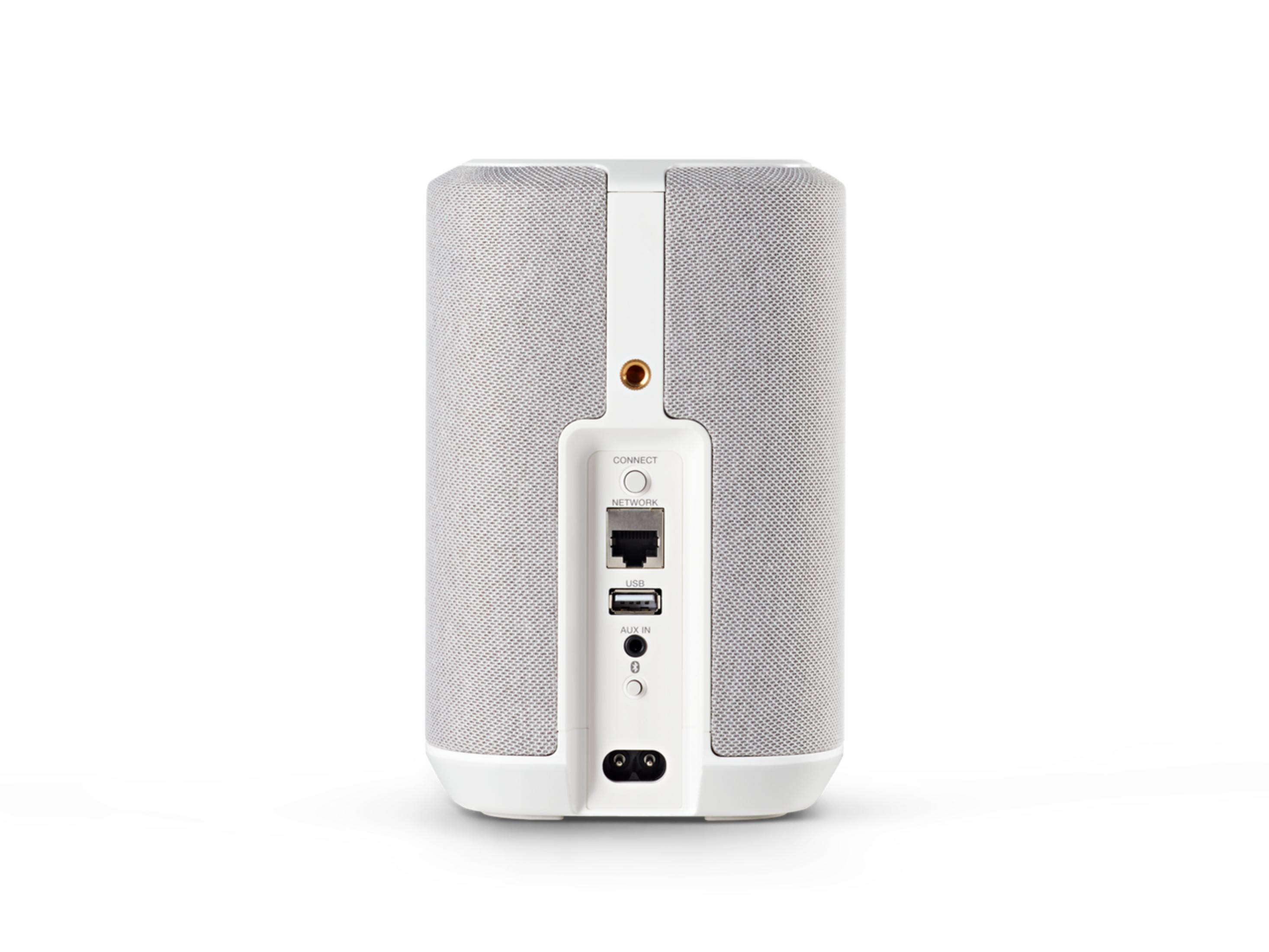 Retro di un altoparlante bianco con porte: rete, USB, Aux-In e alimentazione.