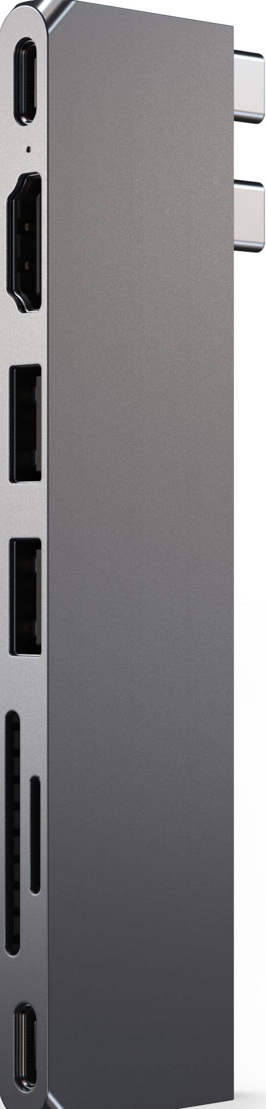 Hub USB-C gris con ranuras HDMI, USB-A y para tarjetas SD.
