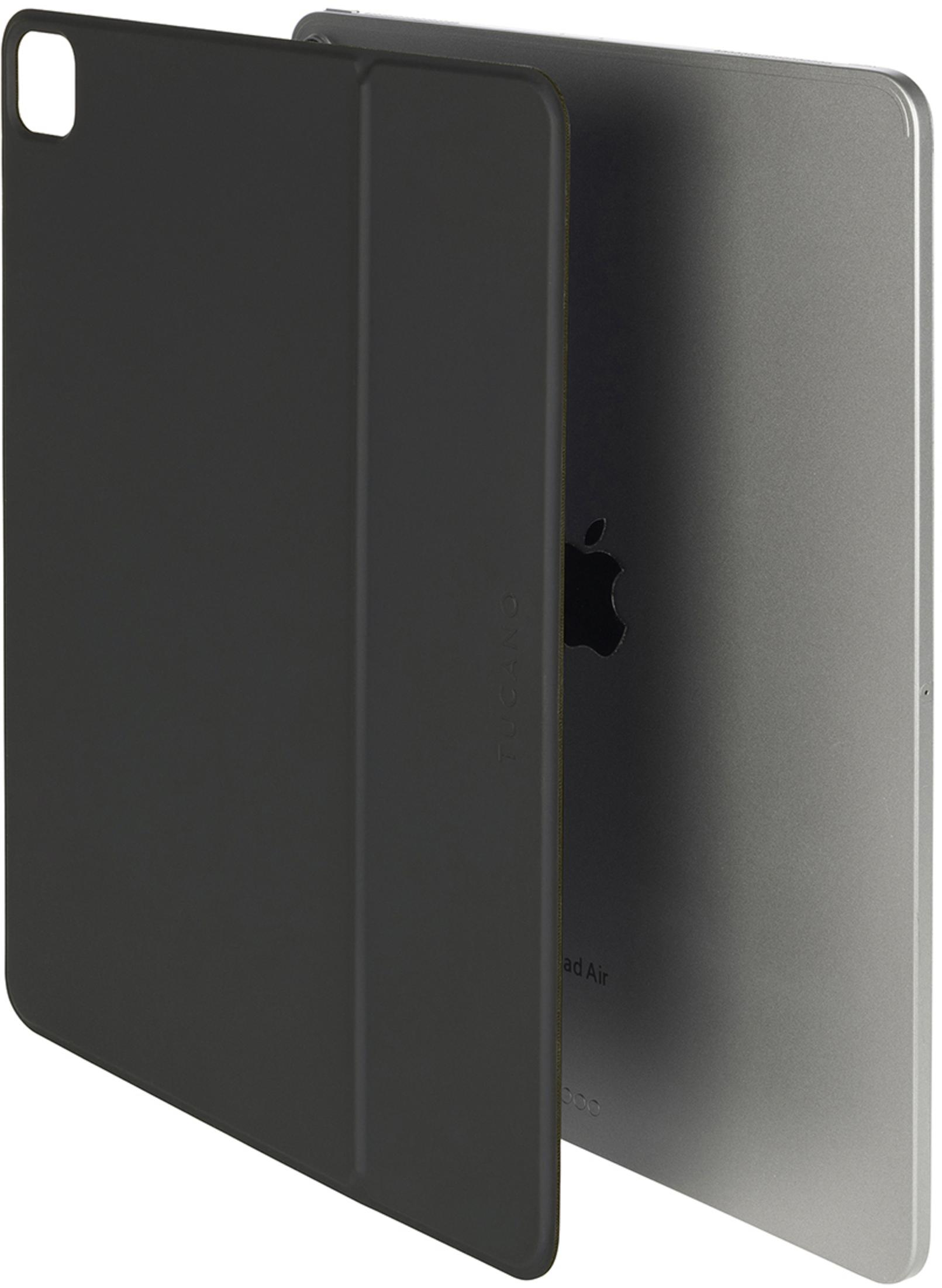 Eine schwarze Hülle bedeckt teilweise ein silbernes iPad mit einem Apple-Logo.