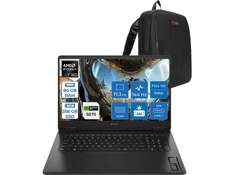 HP Omen DDR5 8GB RTX5070 FHD 144HZ IPS 7ms BQ1Q1EAF21 AMD Ryzen AI 7 350 80 GB RAM 256 GB SSD 17,3 inç FreeDOS Laptop+Çanta Siyah