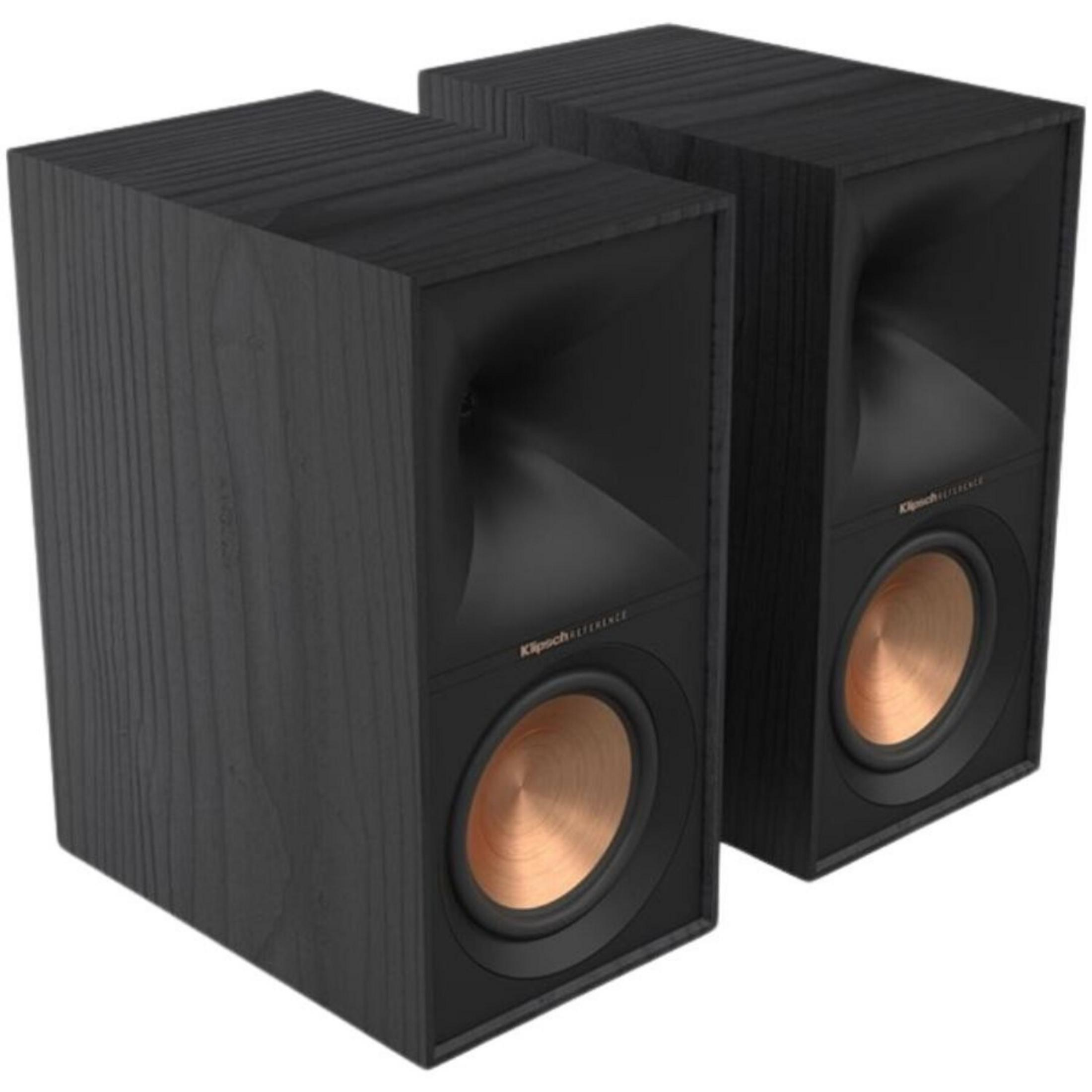 Bakır woofer'lı ve korn tipi tiz hoparlörlü iki siyah hoparlör.