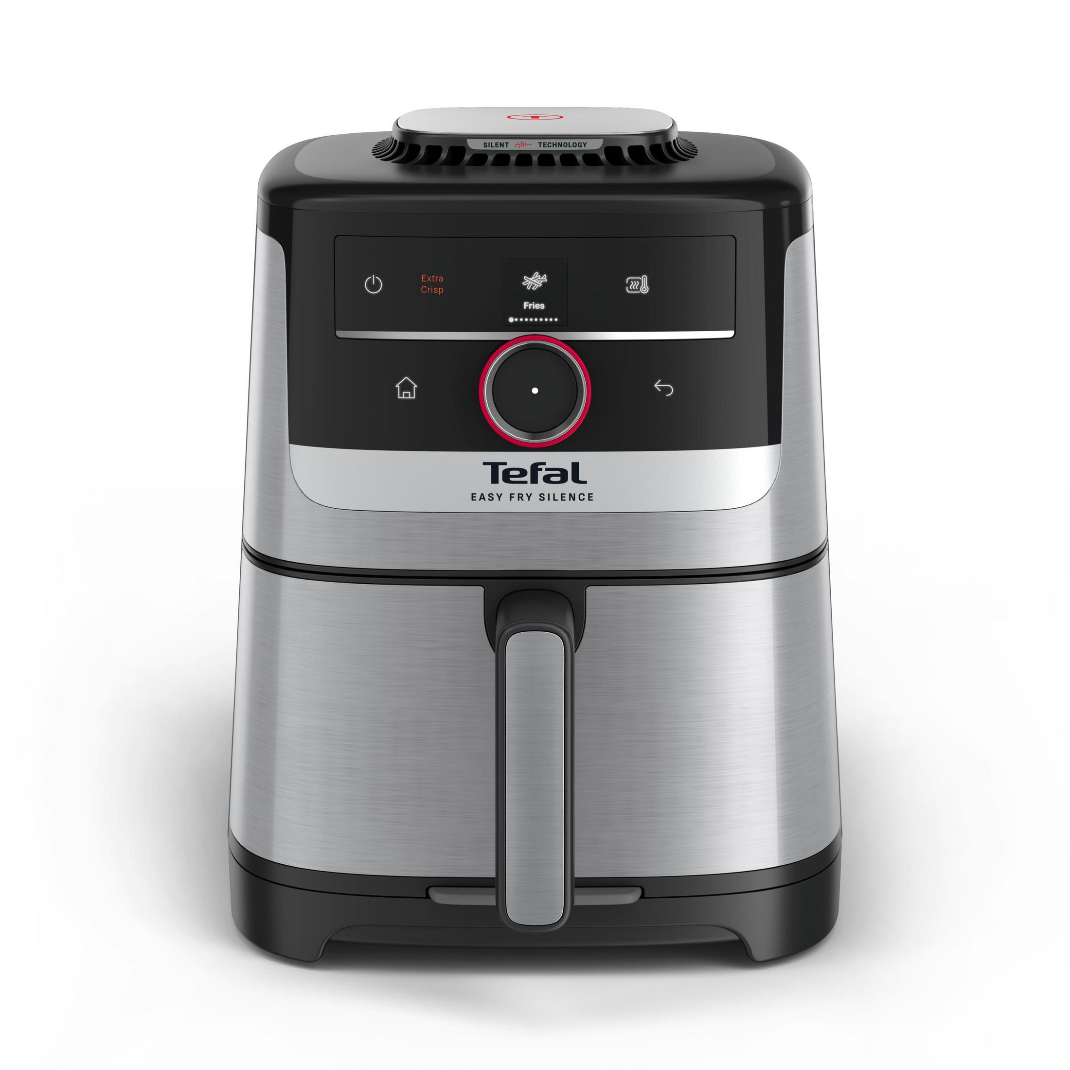 Tefal Easy Fry Silence Heißluftfritteuse mit Digitalanzeige und silbernem Bürstenfinish.