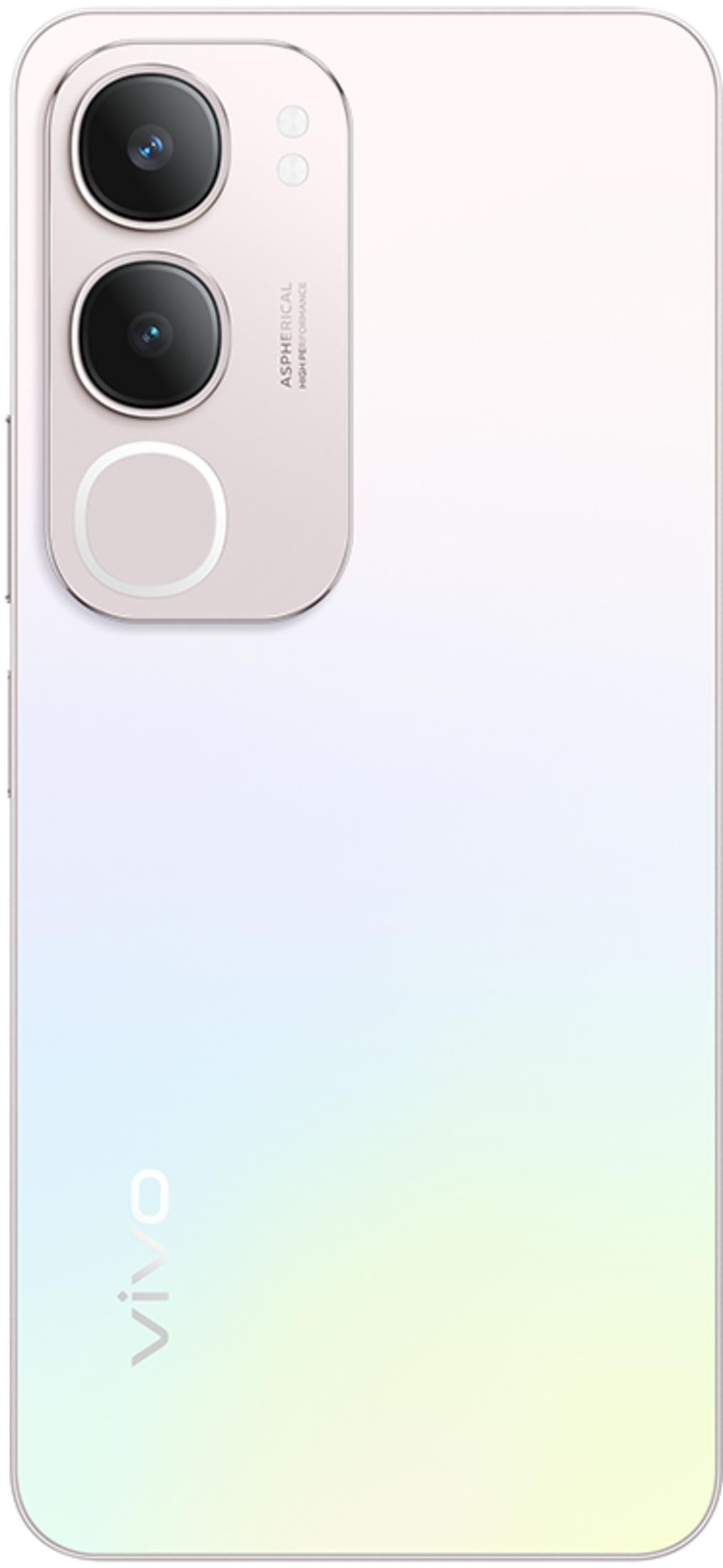 Uno smartphone bianco con tre fotocamere e il logo VIVO.