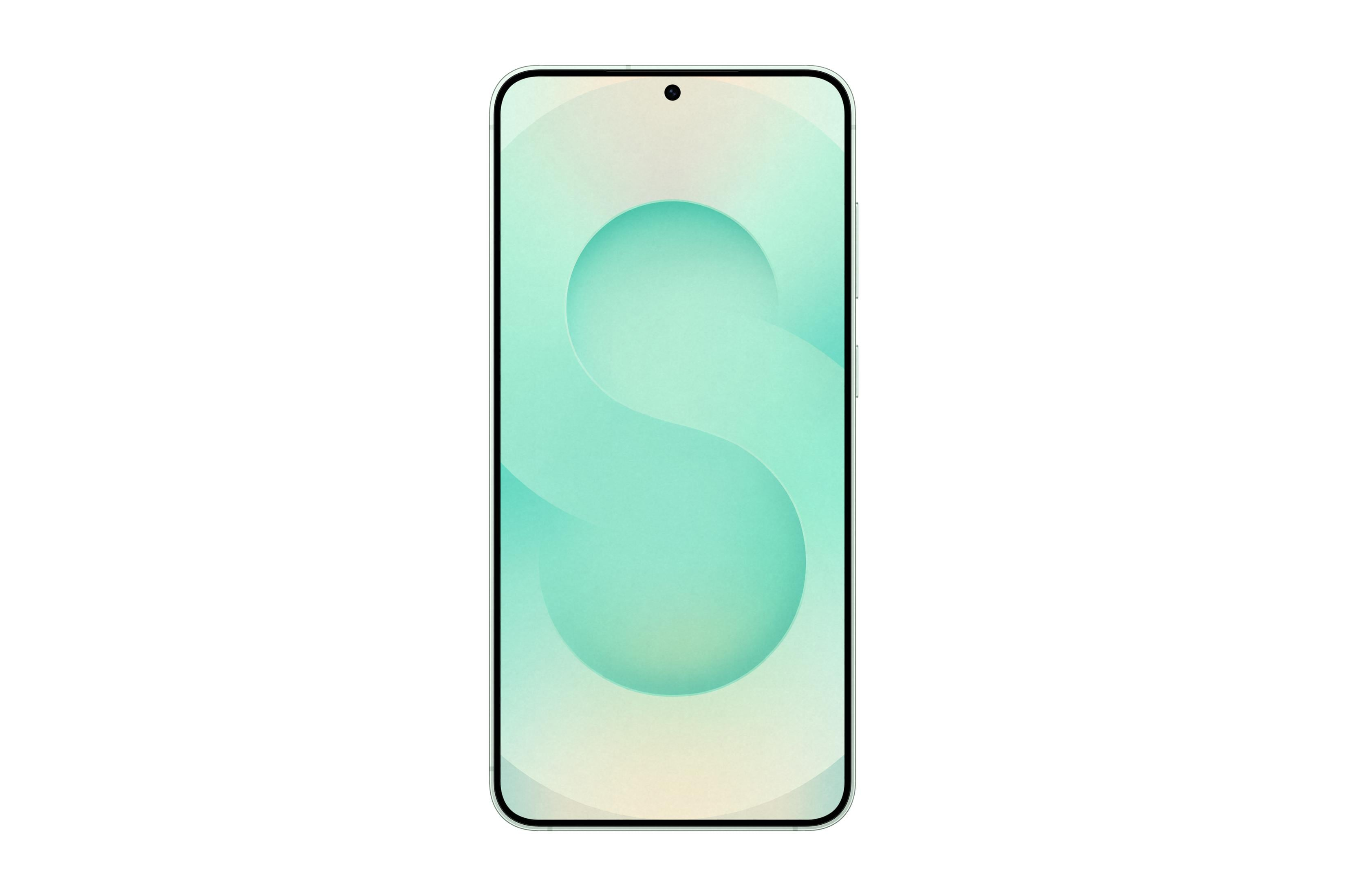 Uno smartphone con uno sfondo color acqua con un grande cerchio a forma di S.