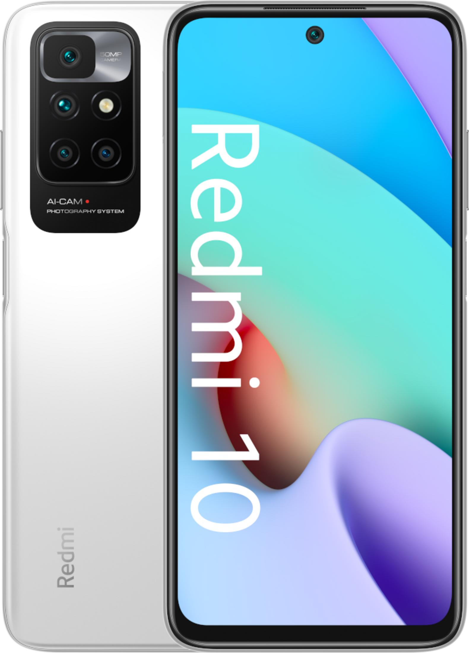 Een witte smartphone met vier camera's en het 'Redmi'-logo wordt weergegeven.