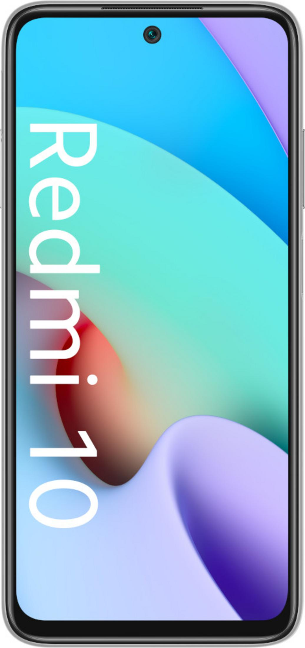 Een smartphone met de tekst Redmi 10 op een kleurrijke achtergrond.
