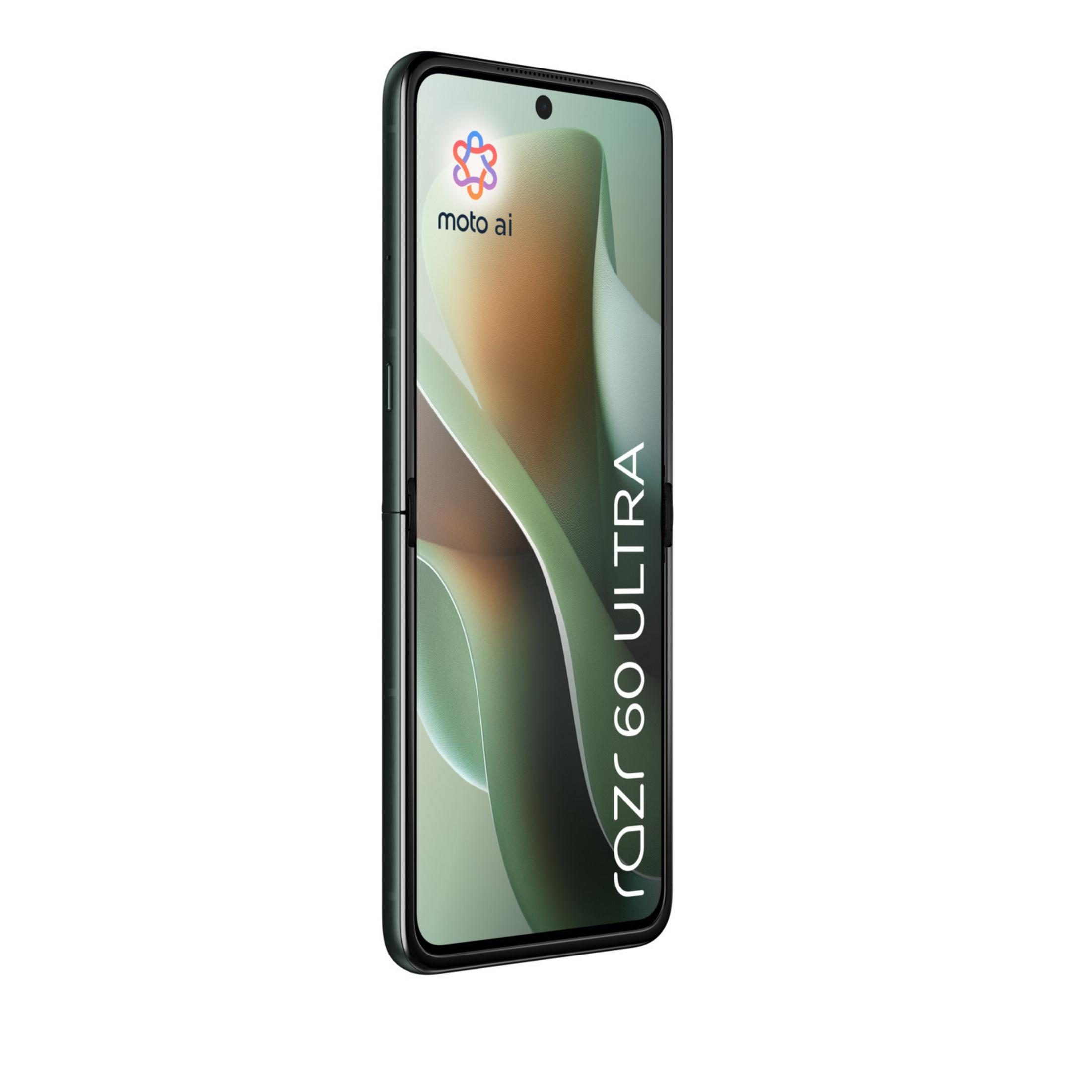 Donkergrijs Motorola Razr 60 Ultra smartphone met Moto AI logo op scherm.