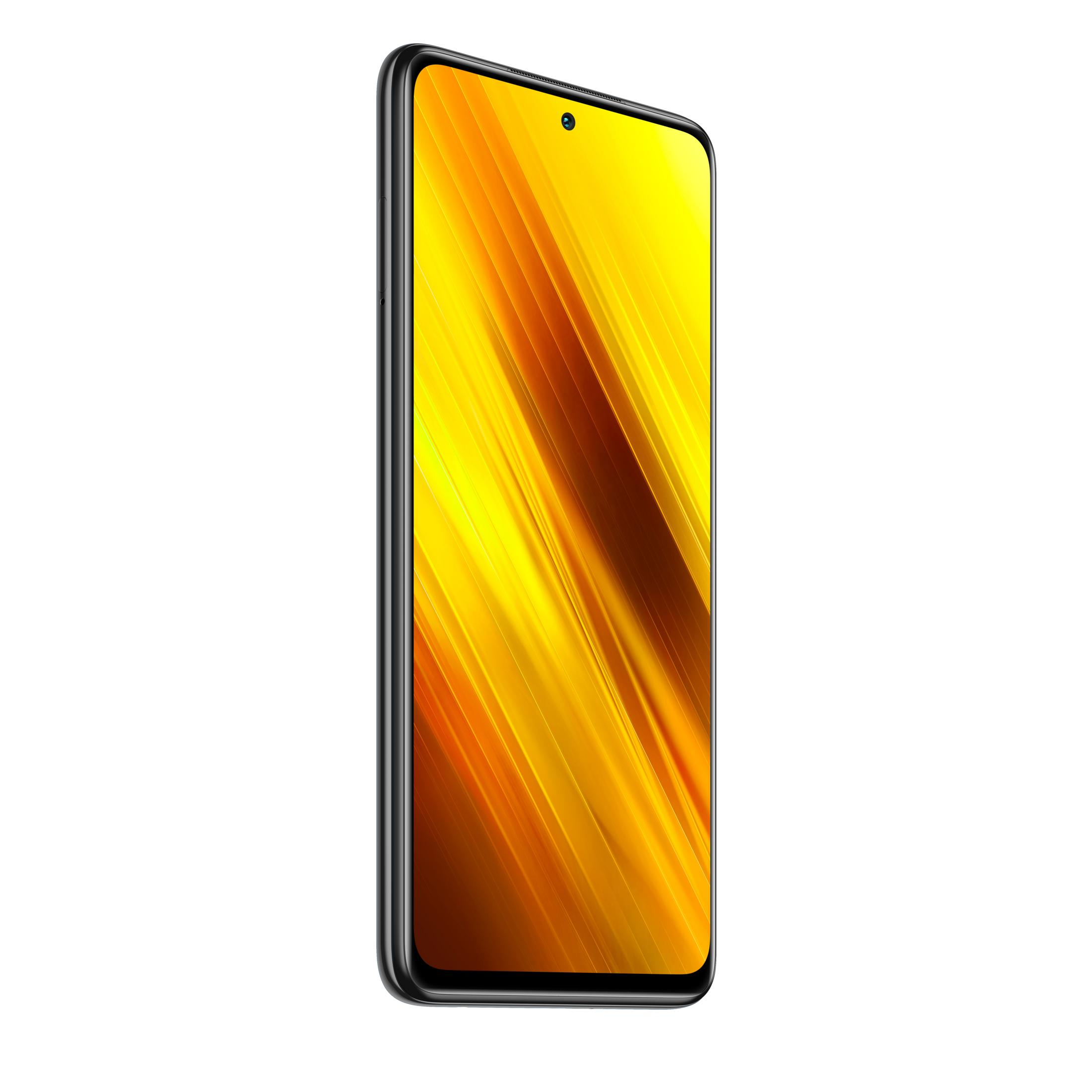 Ein schwarzes Smartphone mit einem gelben, abstrakten Hintergrund auf dem Bildschirm.