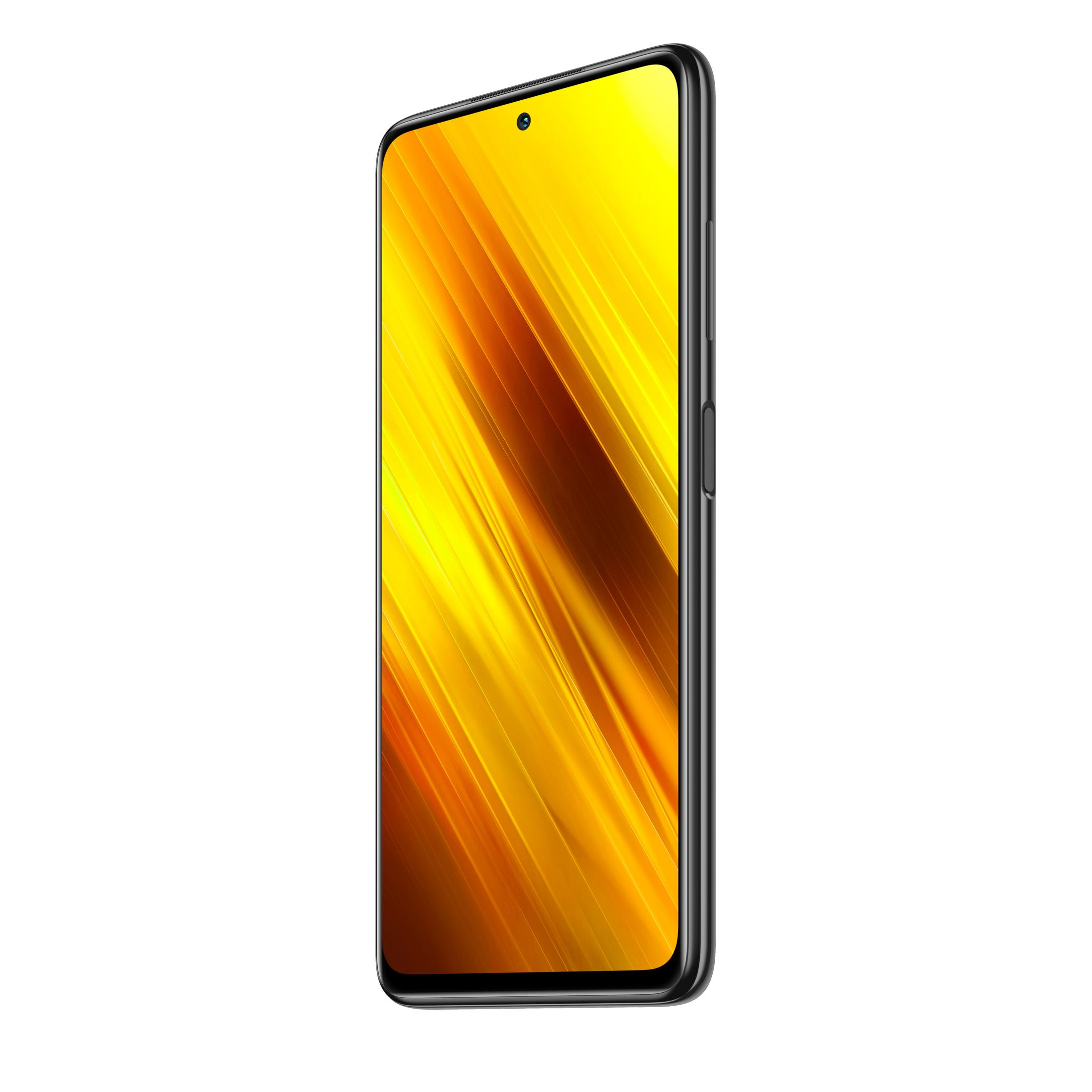 Ein schwarzes Smartphone mit einem gelben, abstrakten Hintergrund wird von der Seite gezeigt.