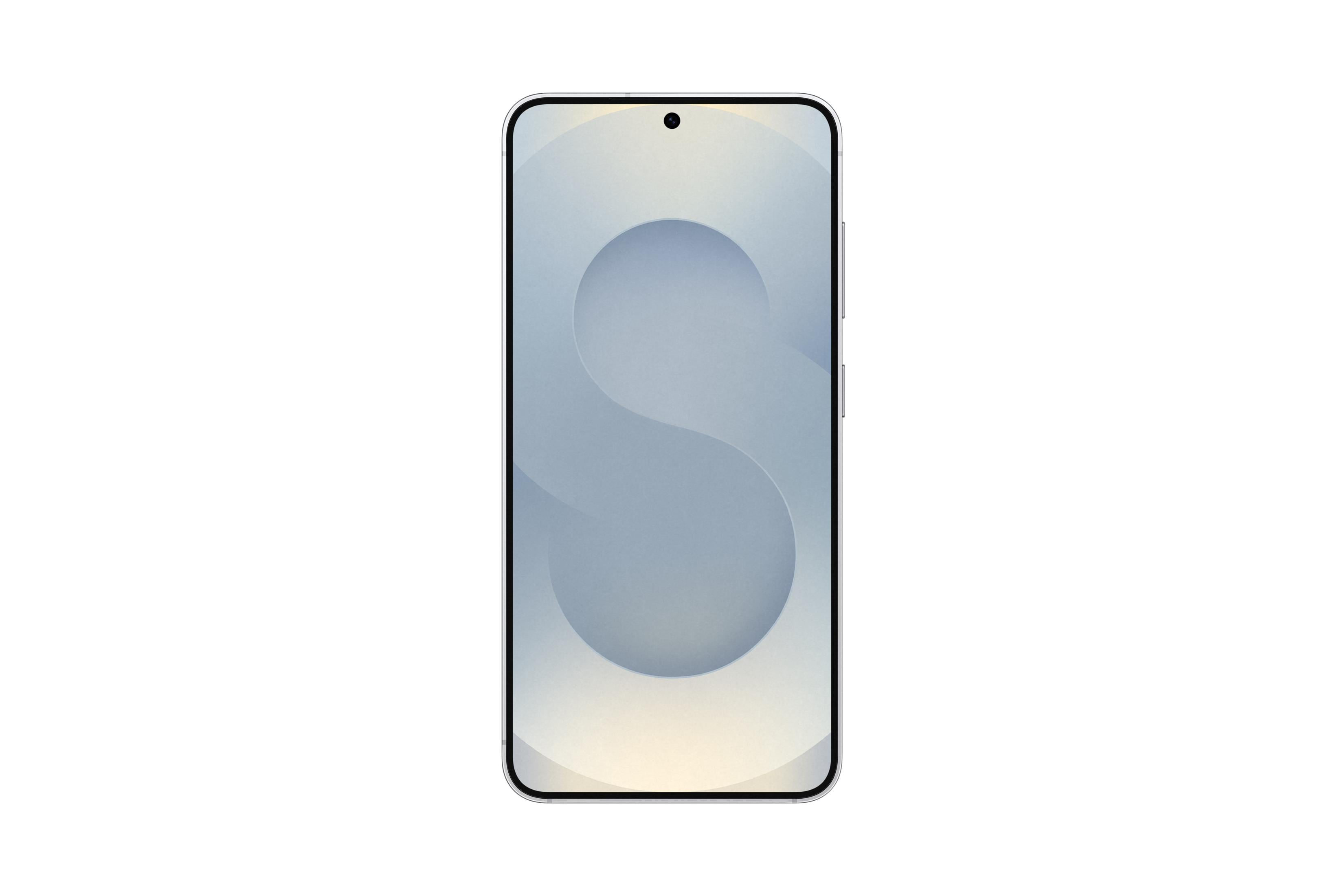 Un smartphone moderno con marco plateado y fondo azul.