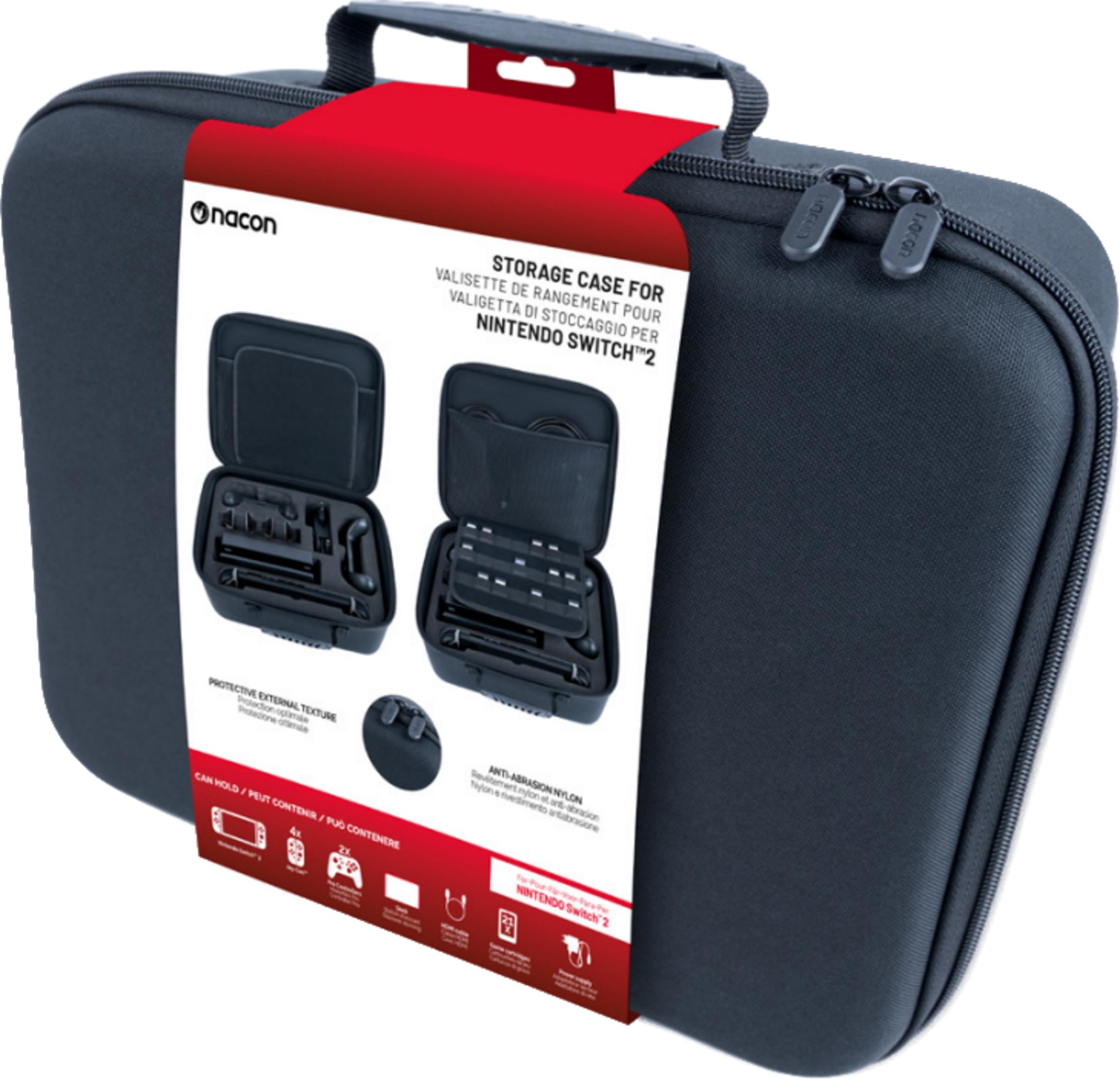 Funda de almacenamiento Nacon gris oscuro para Nintendo Switch 2 con compartimento abierto.