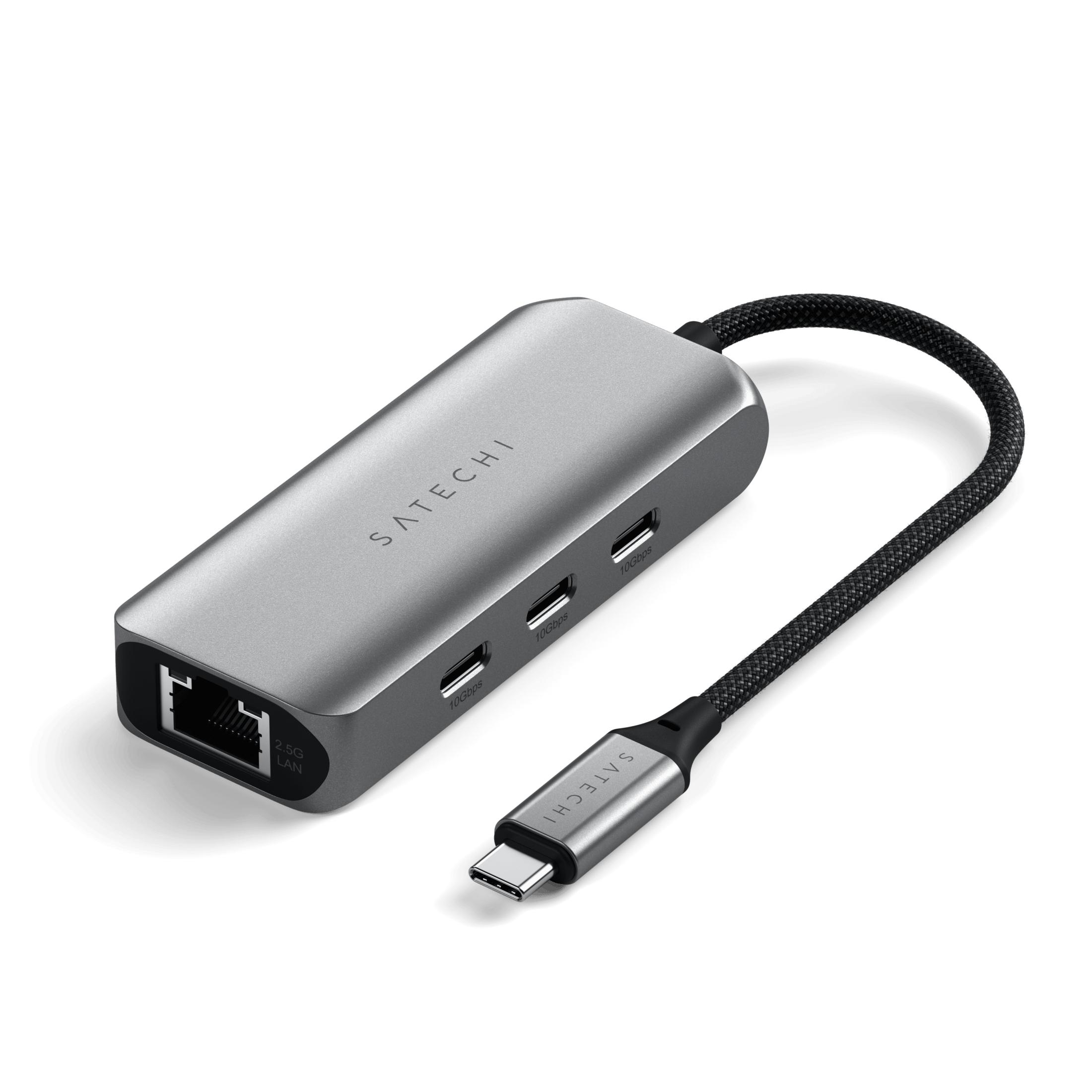 Hub USB-C Satechi argentato con porte Ethernet, HDMI e USB-C.