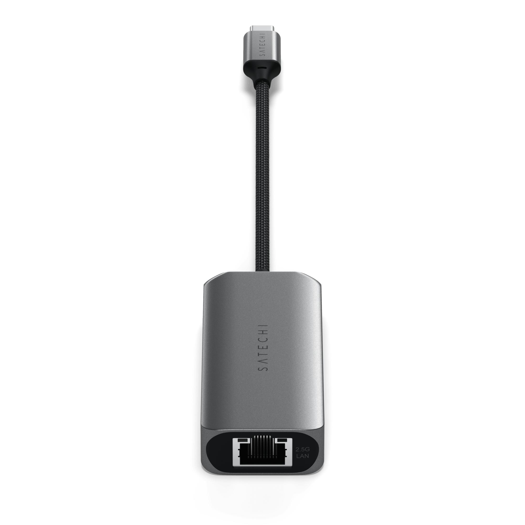 Adattatore Satechi grigio con spina USB-C e porta LAN.