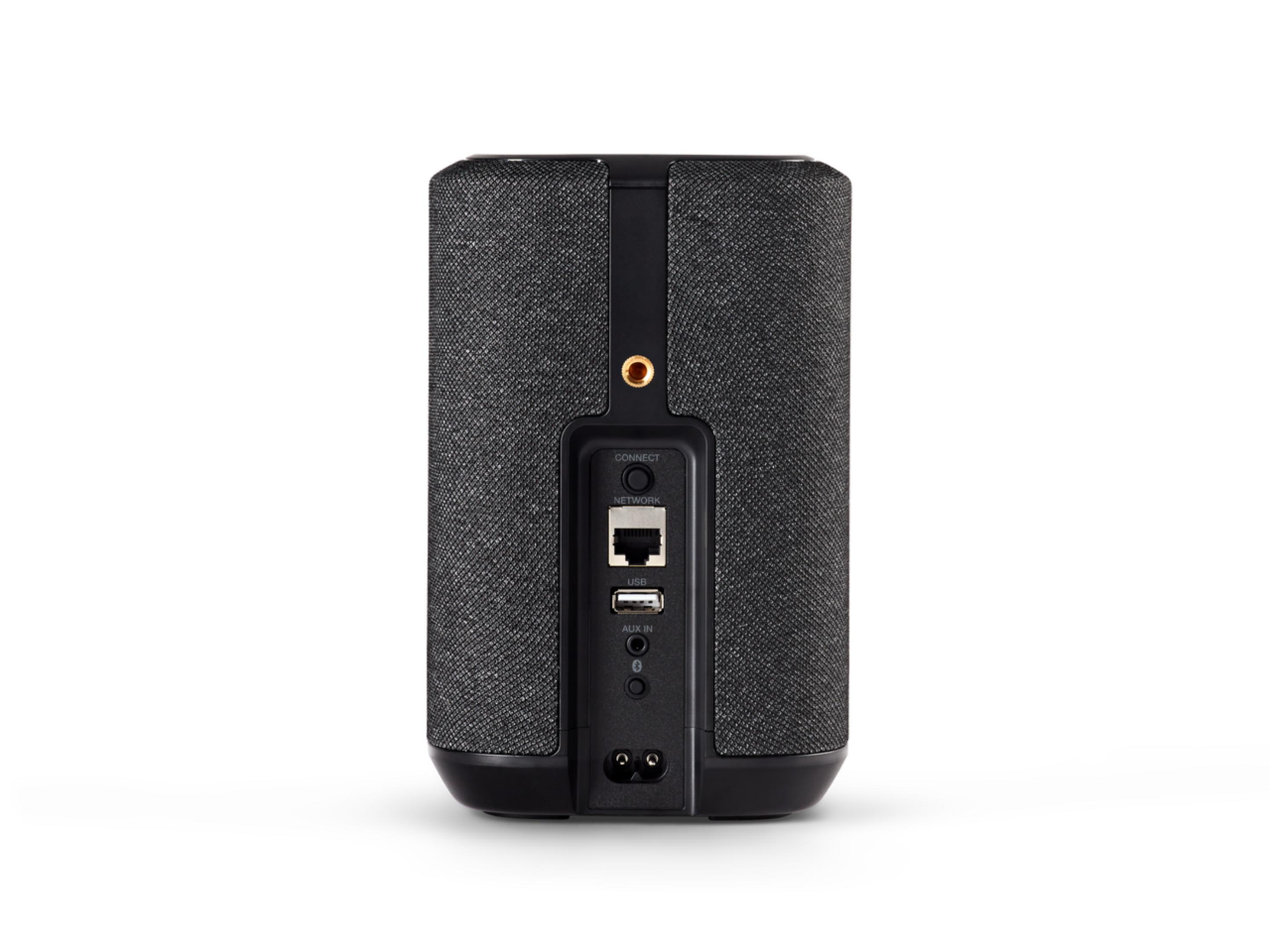 Retro di un altoparlante nero con porte: Rete, USB, Aux In.
