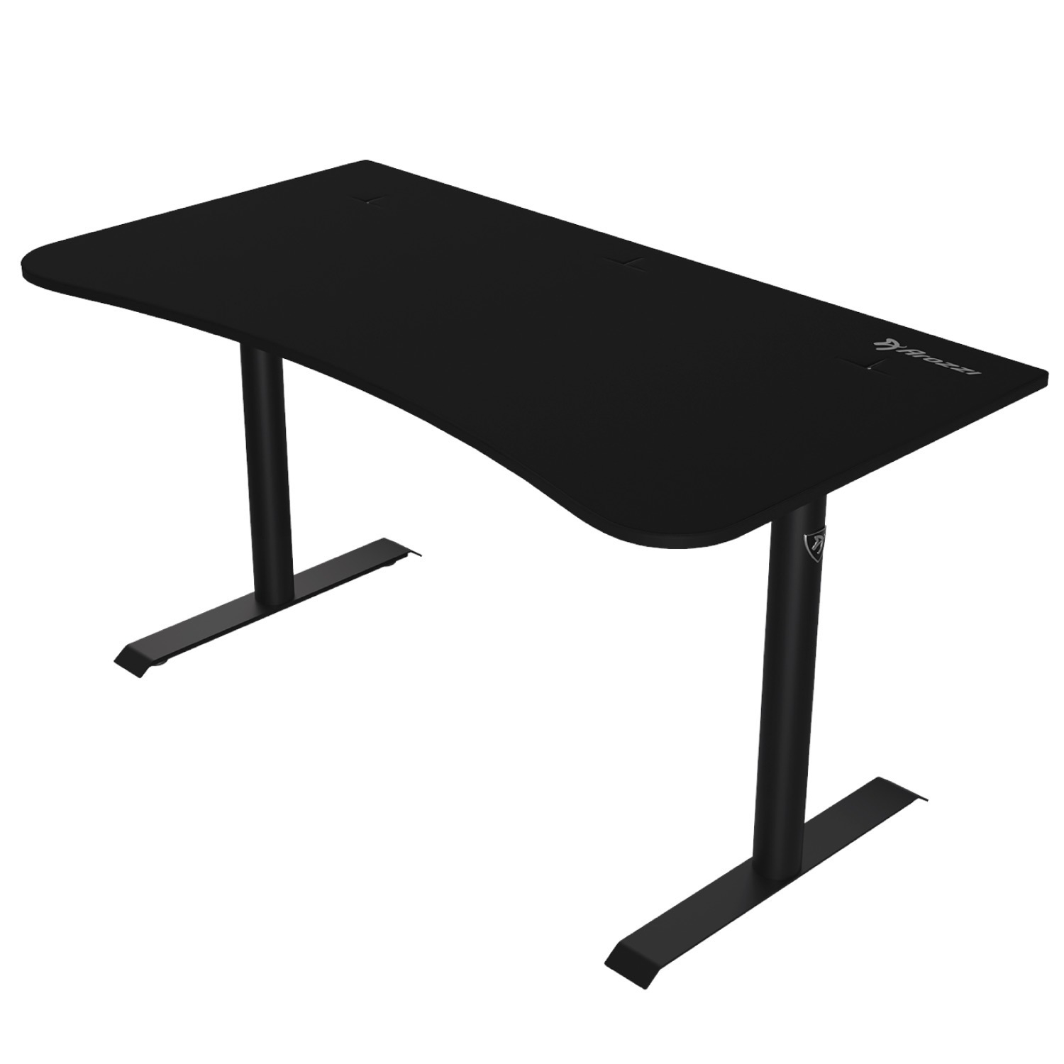 Una scrivania nera con piano curvo e due gambe metalliche.