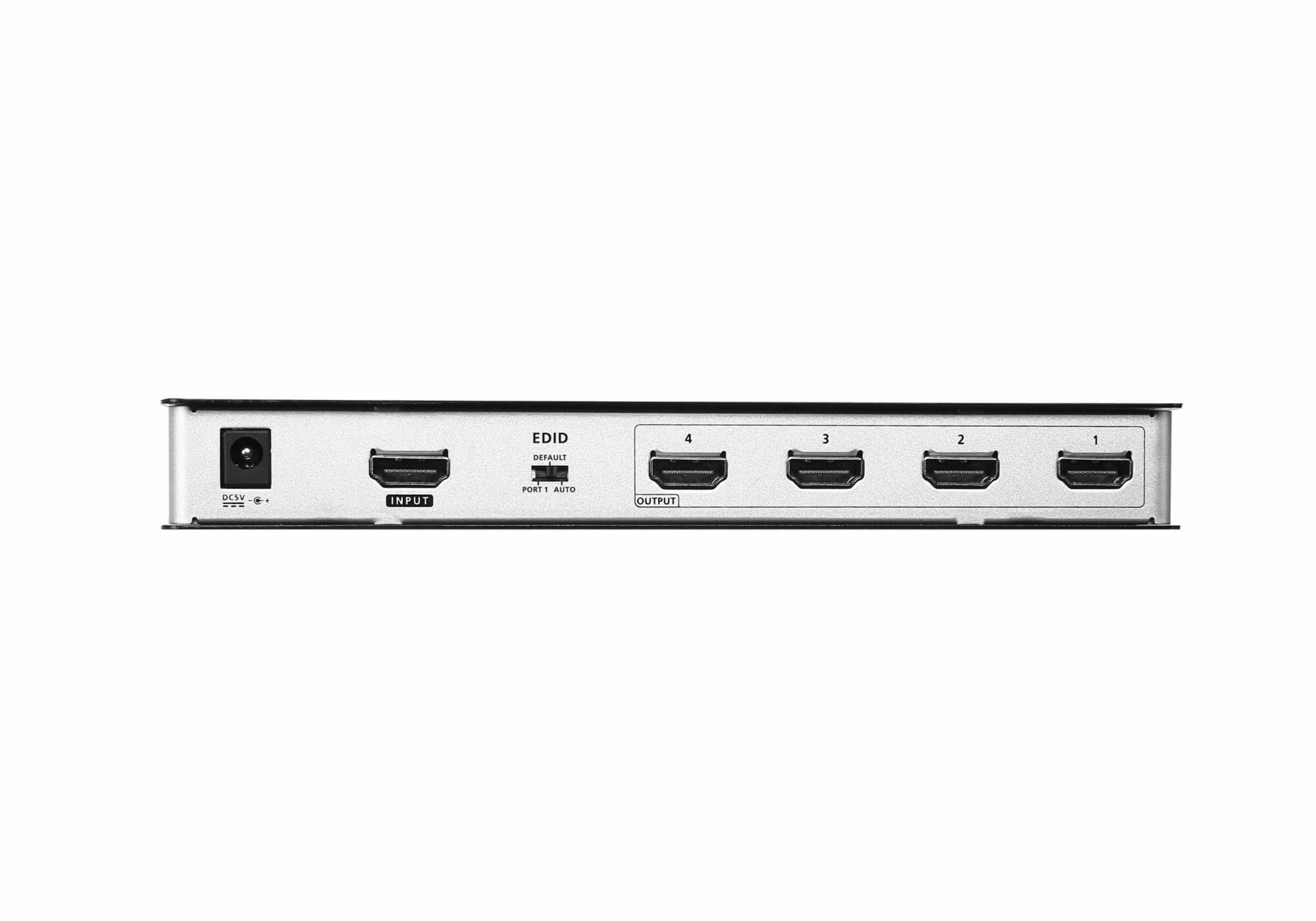 Ein HDMI-Splitter mit einem Eingang, vier Ausgängen und einem DC5V-Anschluss.