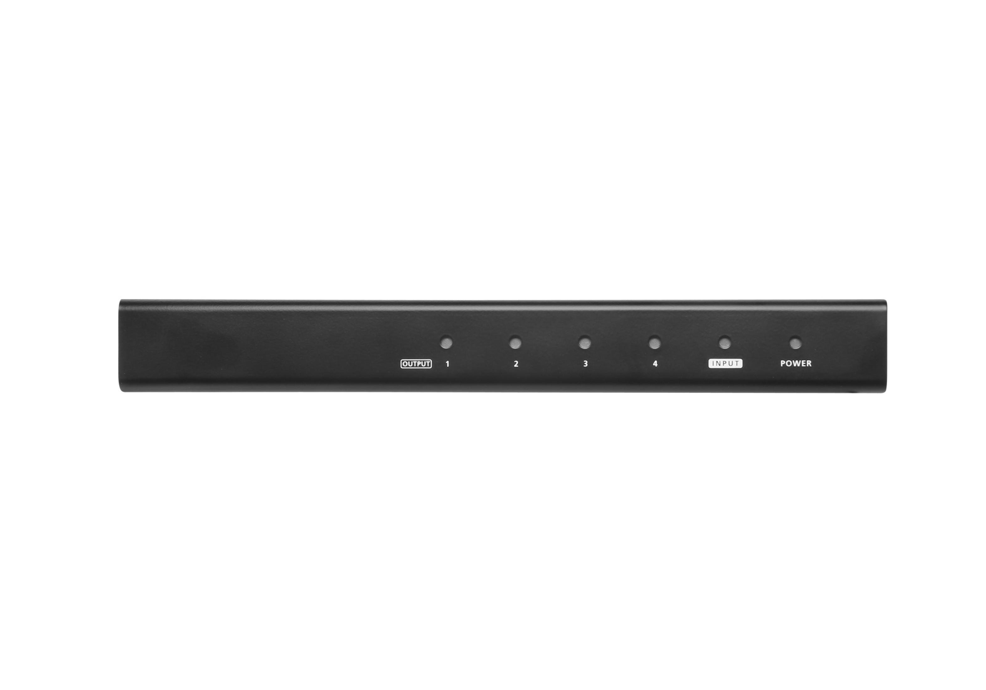 Schwarzer 4-Port-Umschalter mit Beschriftungen: OUTPUT, 1, 2, 3, 4, INPUT, POWER.