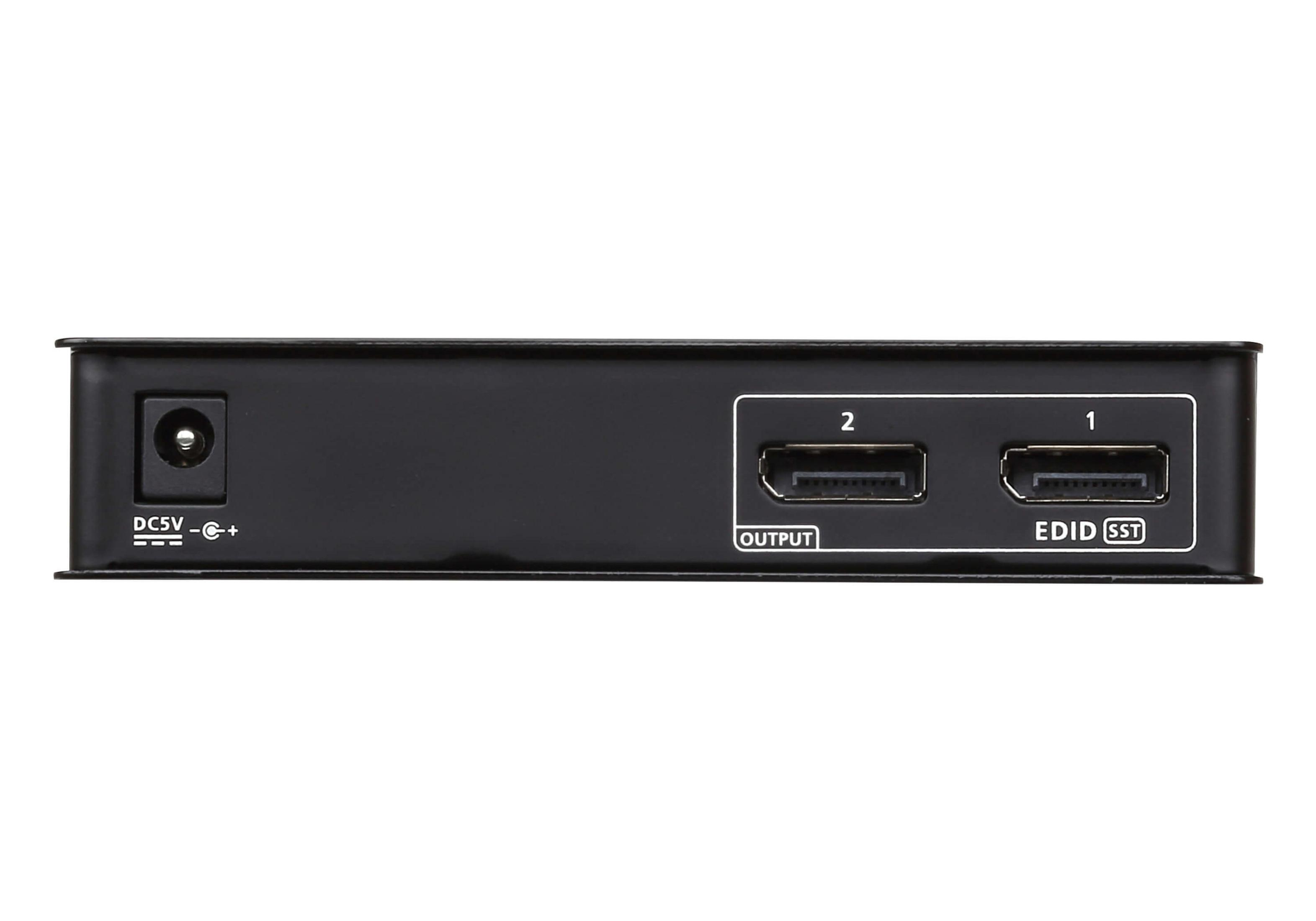 Schwarzes Gehäuse mit DC5V-Anschluss und zwei HDMI-Ausgängen.