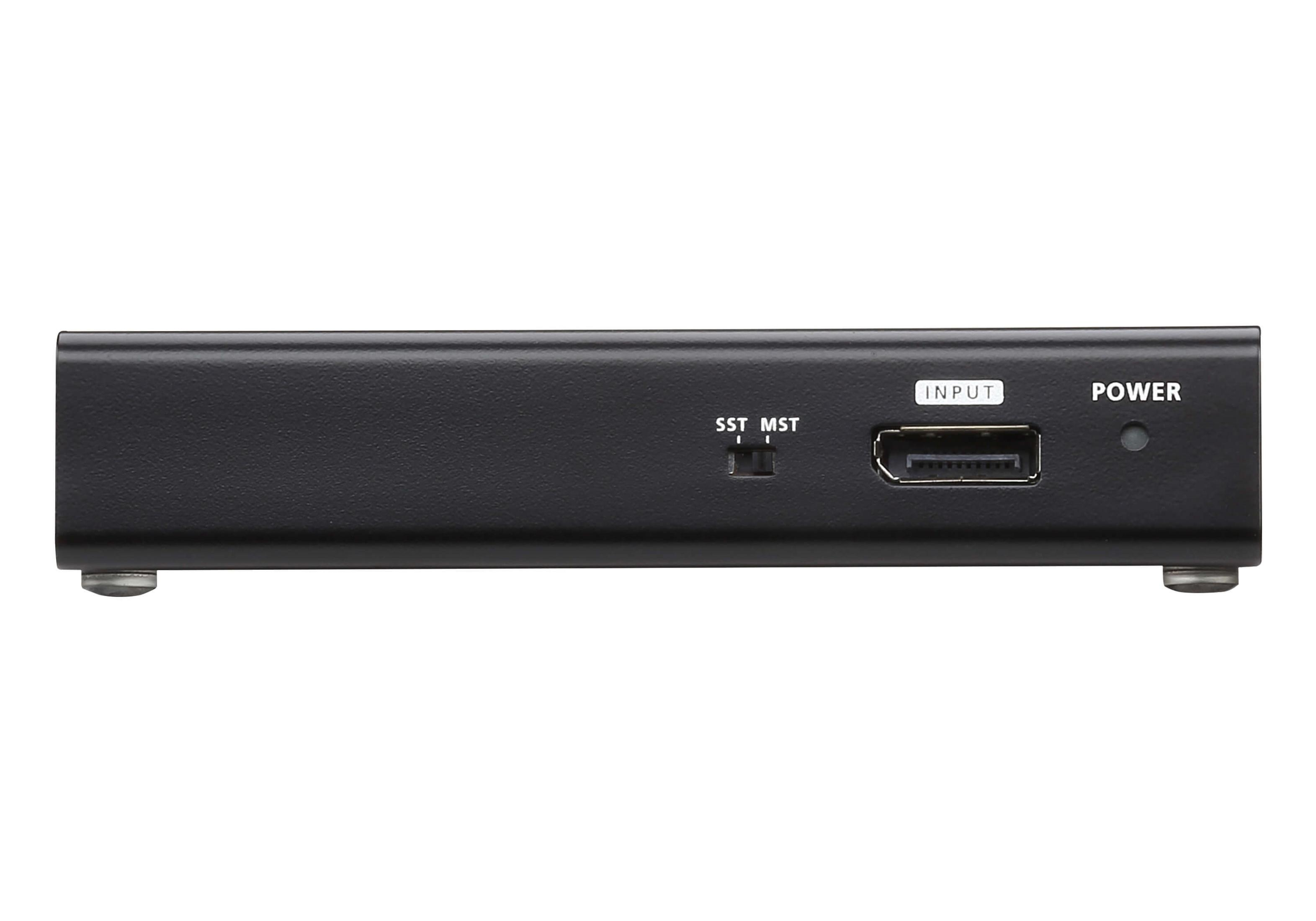 Schwarzes Gehäuse mit Anschlüssen: SST/MST-Schalter, HDMI-Eingang, Stromanzeige.