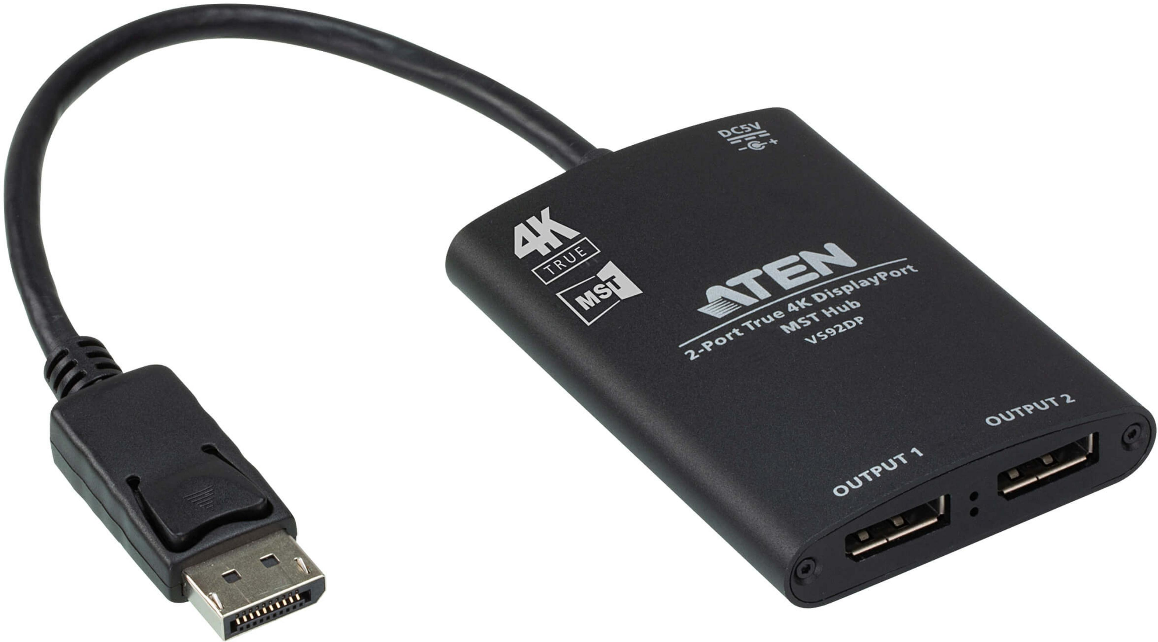 Black ATEN 2-Port True 4K DisplayPort MST Hub VS92DP with cable and DisplayPort connector.