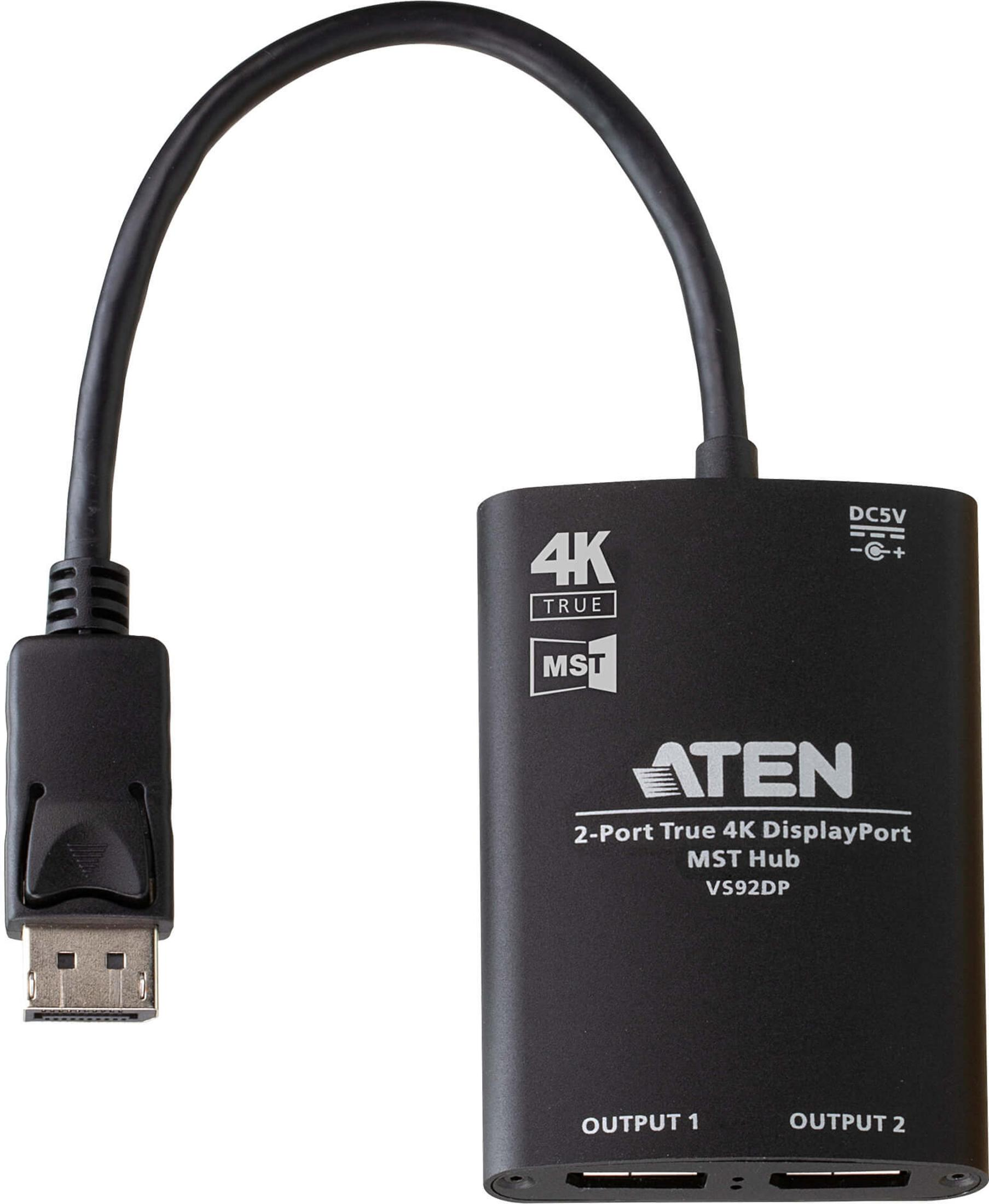 A black ATEN 2-Port True 4K DisplayPort MST Hub with cable and connector.