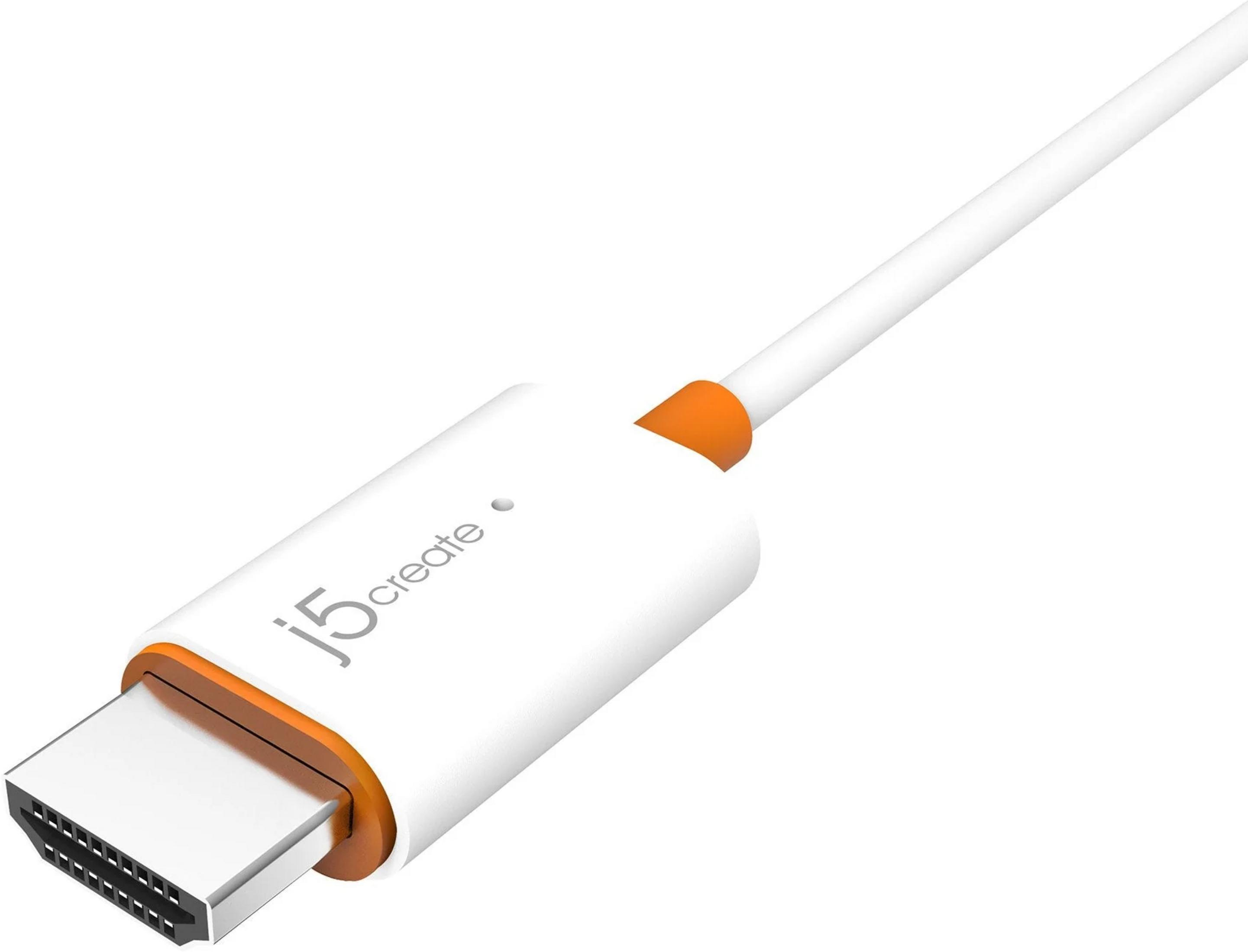 Ein weißer HDMI-Adapter mit orangefarbenen Akzenten und dem Logo "j5create".