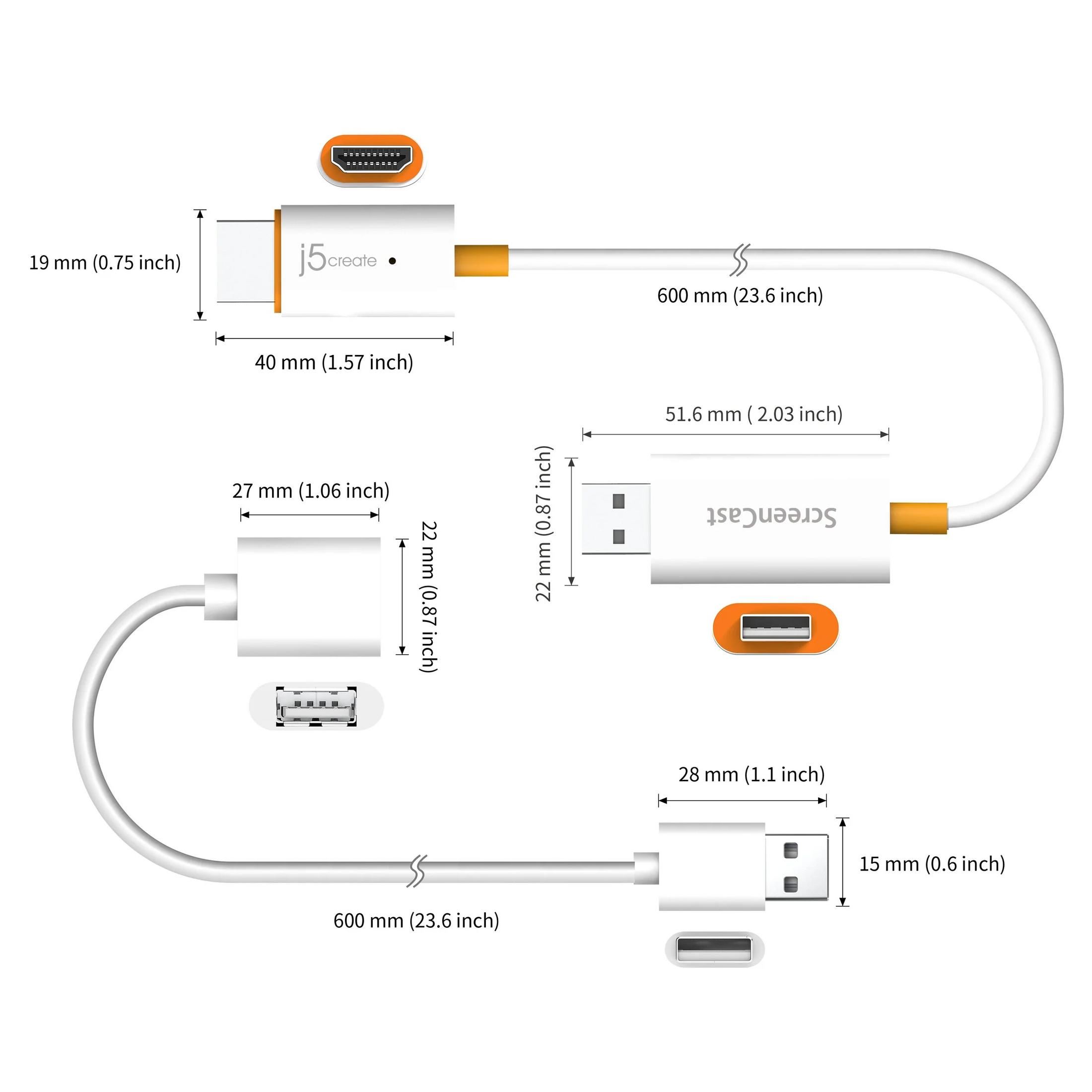 Zwei weiße Adapter mit orangefarbenen Anschlüssen, Maße sind angegeben.