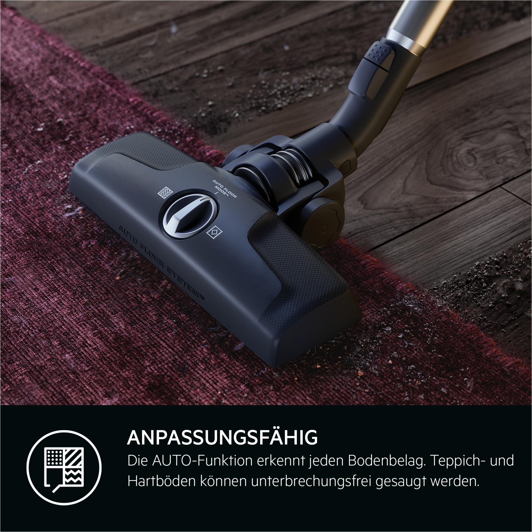 Een stofzuigerkop met "Auto Floor System" reinigt een tapijt.