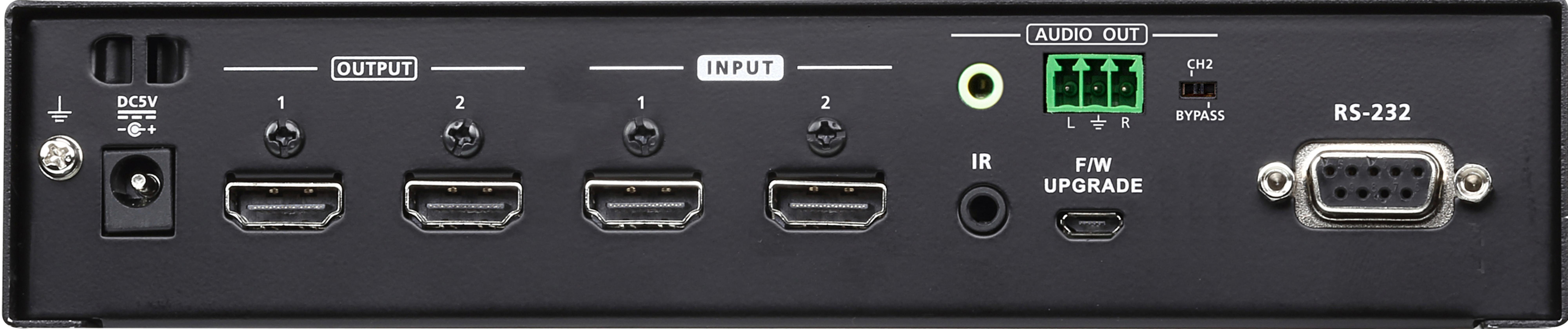 Rear view of a black device showing connections: DC5V, ground, 2x HDMI out, 2x HDMI in, audio out, IR, USB upgrade, RS-232.
