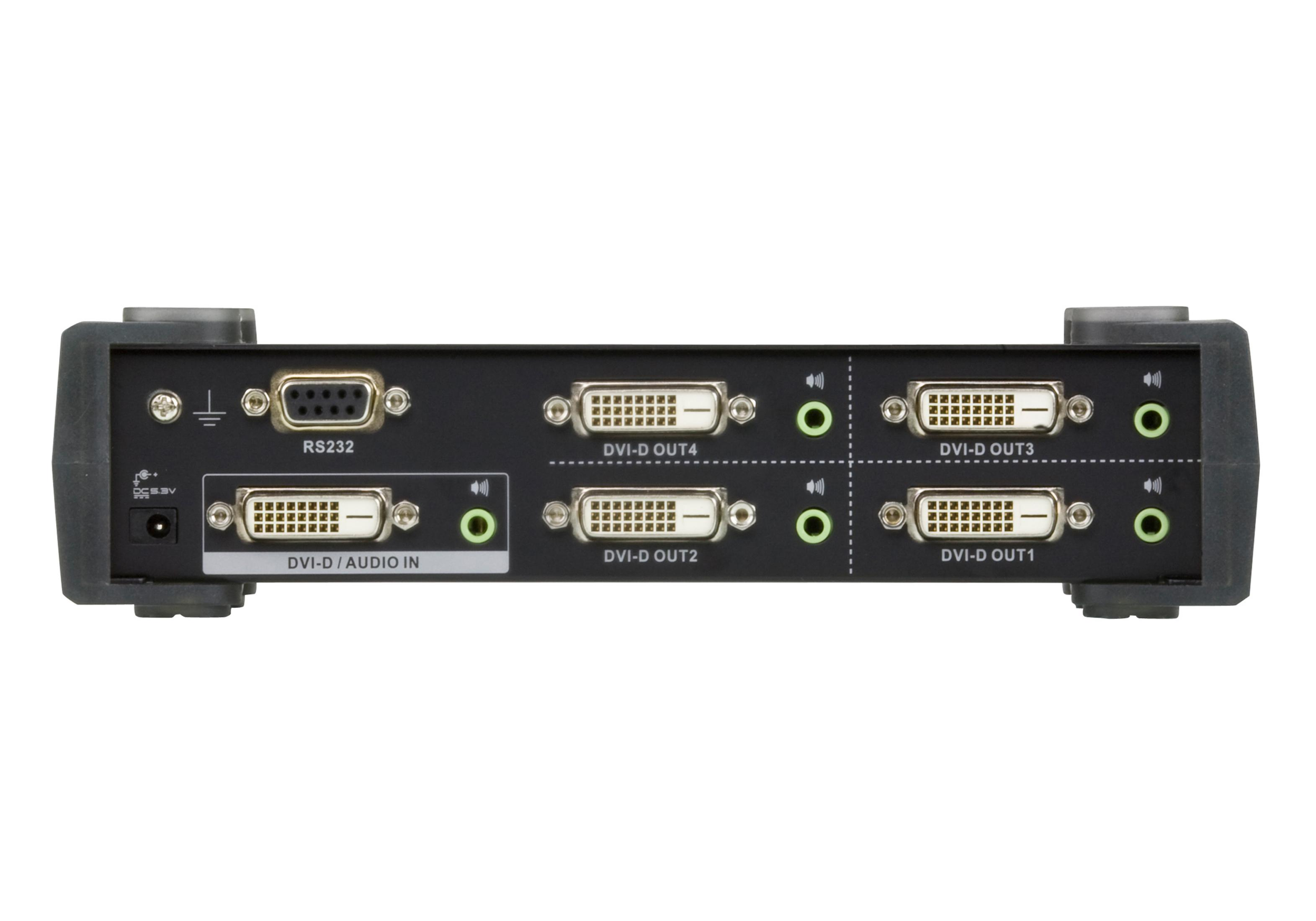 Apparaat met poorten: DC 5.3V, RS232, DVI-D IN, 4x DVI-D OUT, 2x Audio.