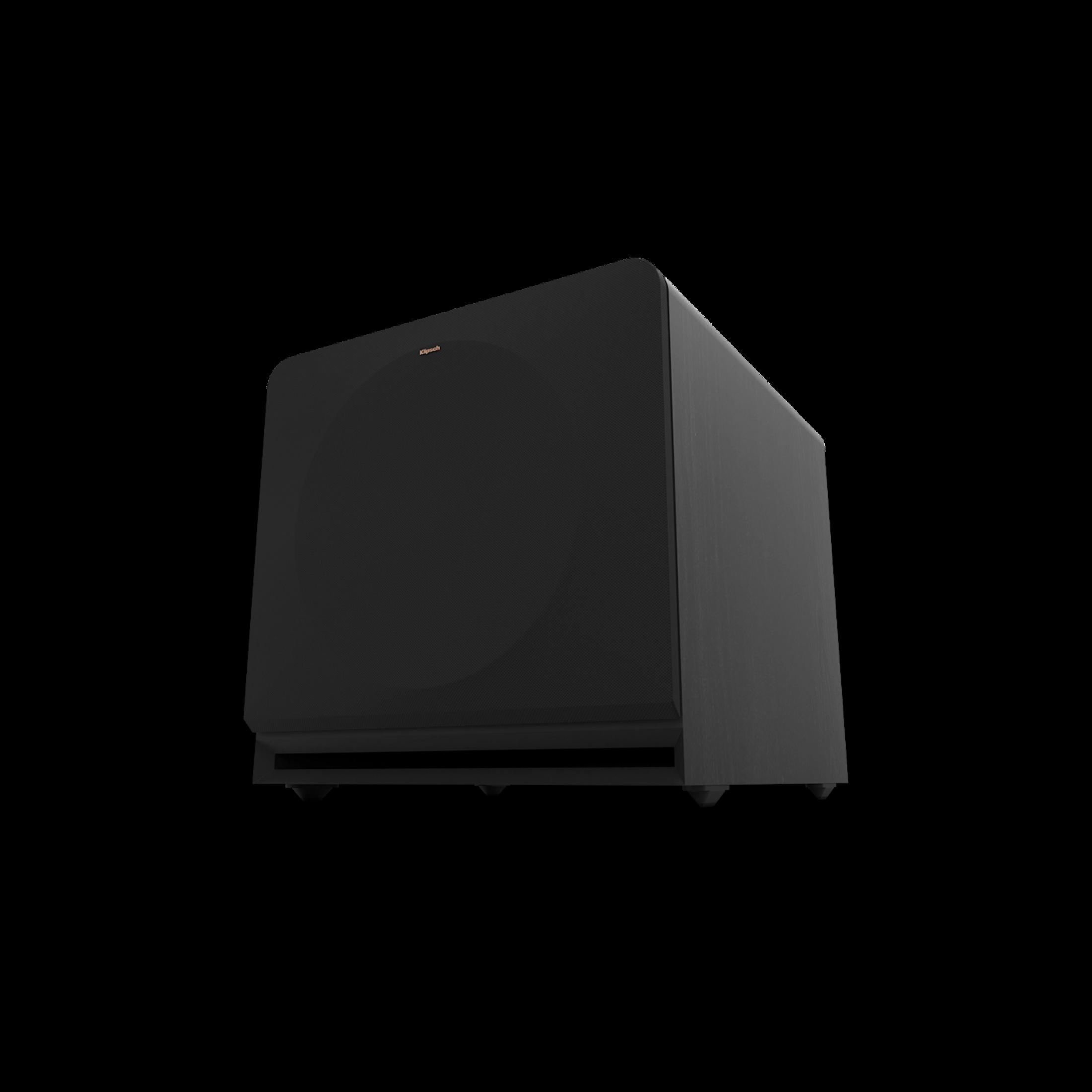 Schwarzer Subwoofer mit silbernen Füßen und einem orangefarbenen Logo.