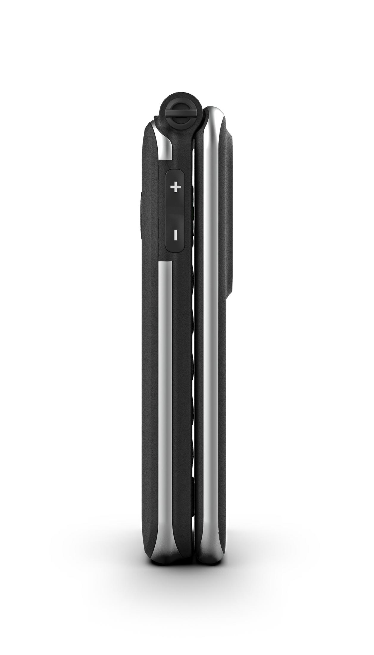 Telefono cellulare nero chiuso con accenti argentati, vista laterale.