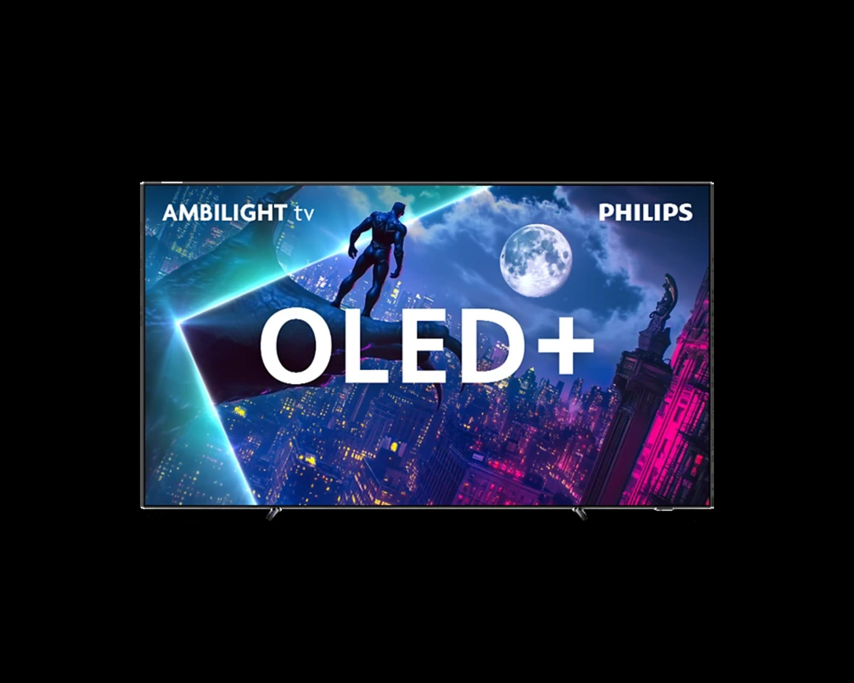 Lo schermo TV Philips OLED+ mostra Black Panther su una città al neon e luna.