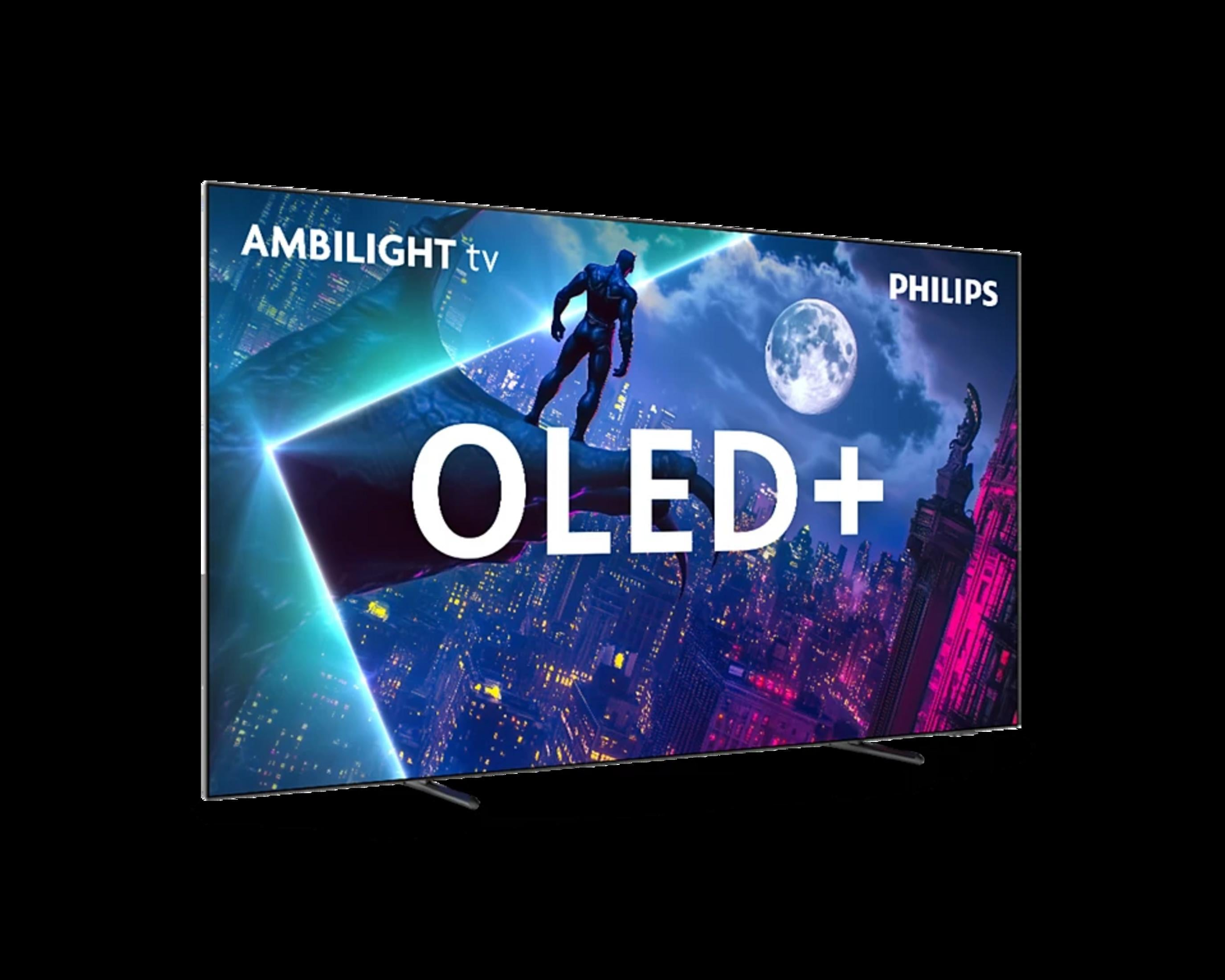 Una TV Philips OLED+ con Ambilight mostra una città notturna con un uomo.